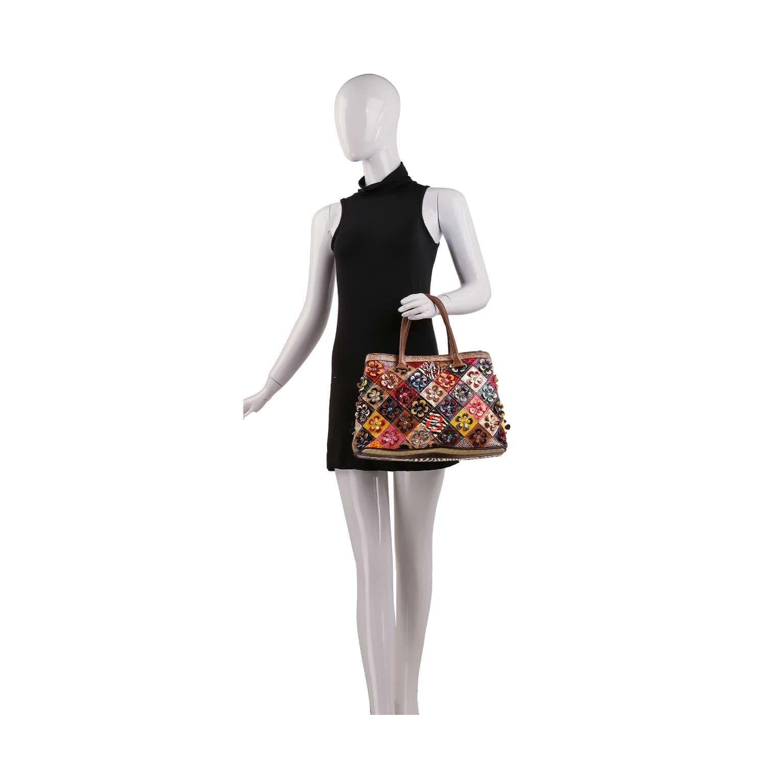Genuine Leather 3D Floral Patchwork Tote Handbag Women Multicolor Crossbody Bag