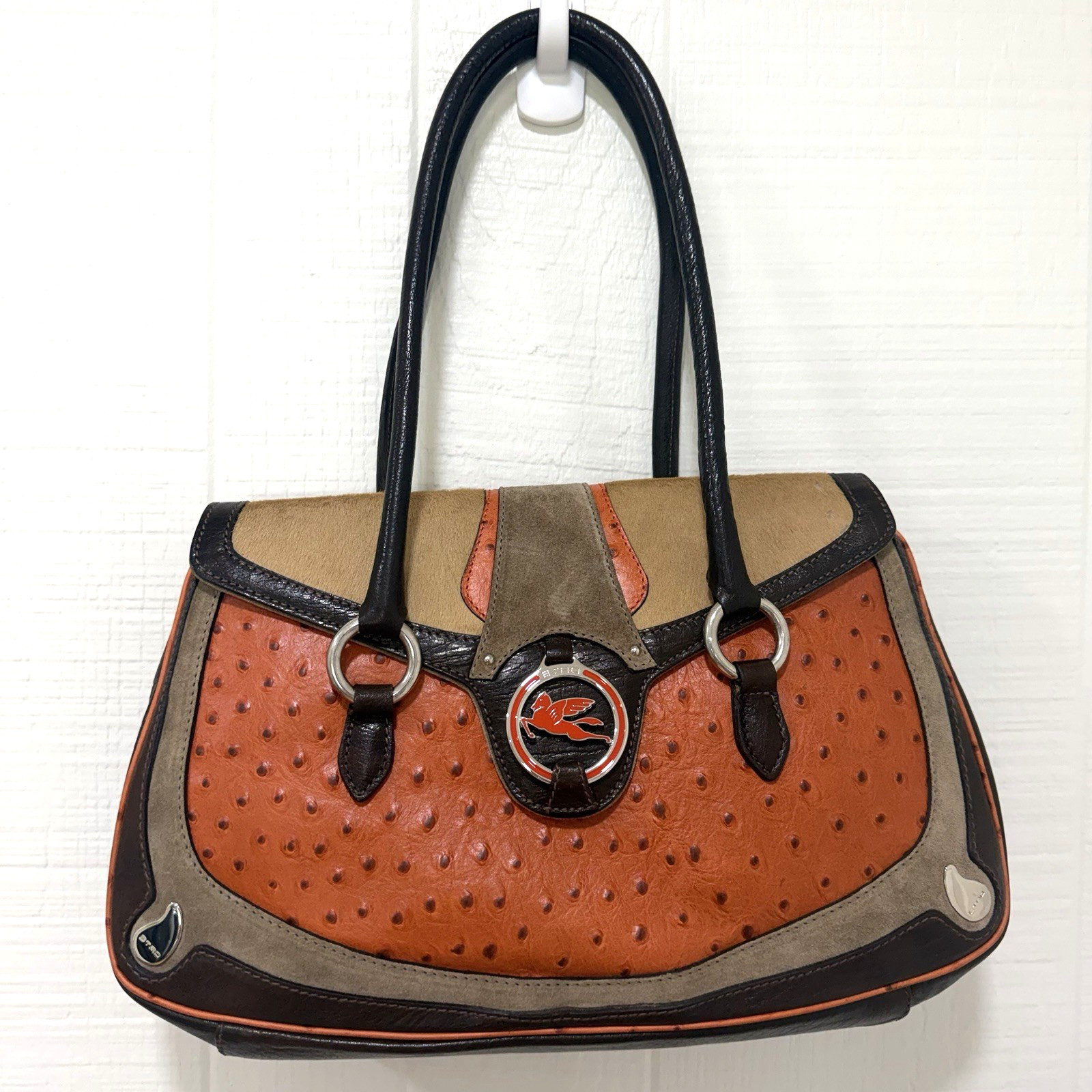 Vintage ETRO Milano Pegasus Pony Hair Shoulder Bag Embossed Leather Made Italy