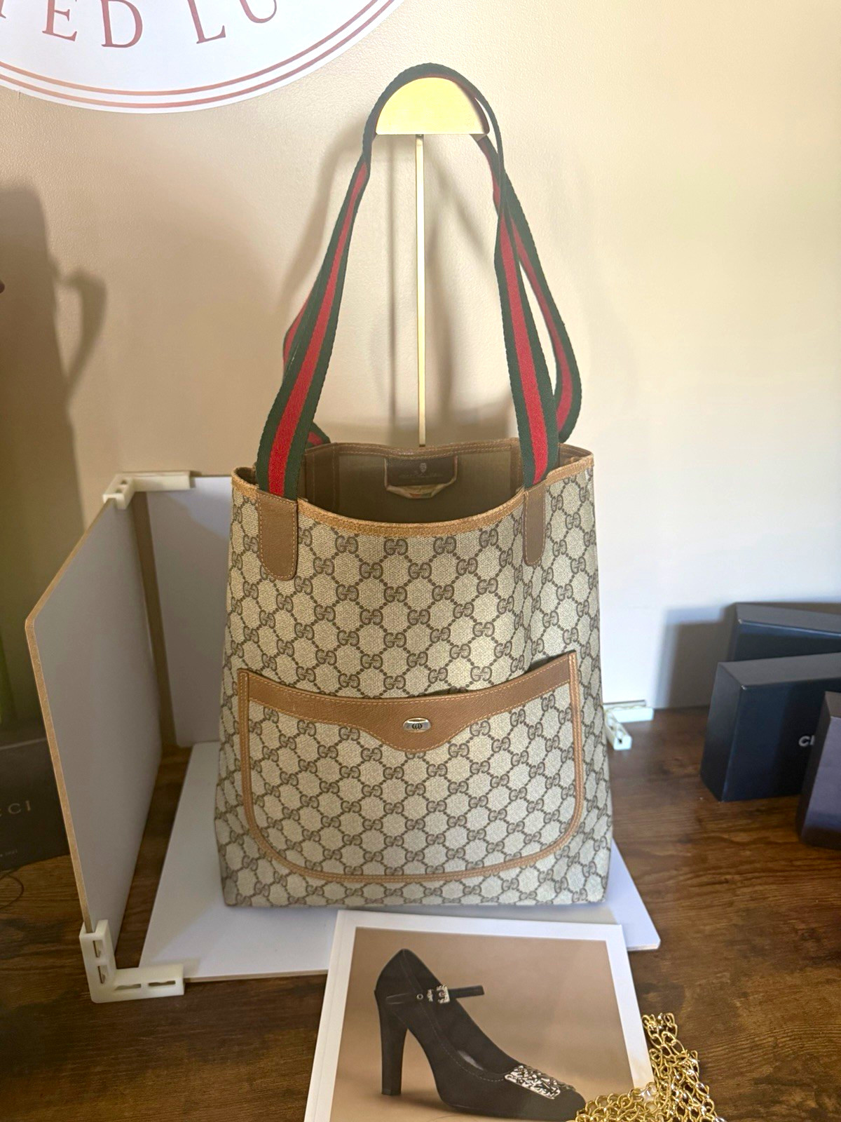 Authentic Gucci Vintage GG Supreme Web Tote Bag Beige Canvas Brown Leather Large