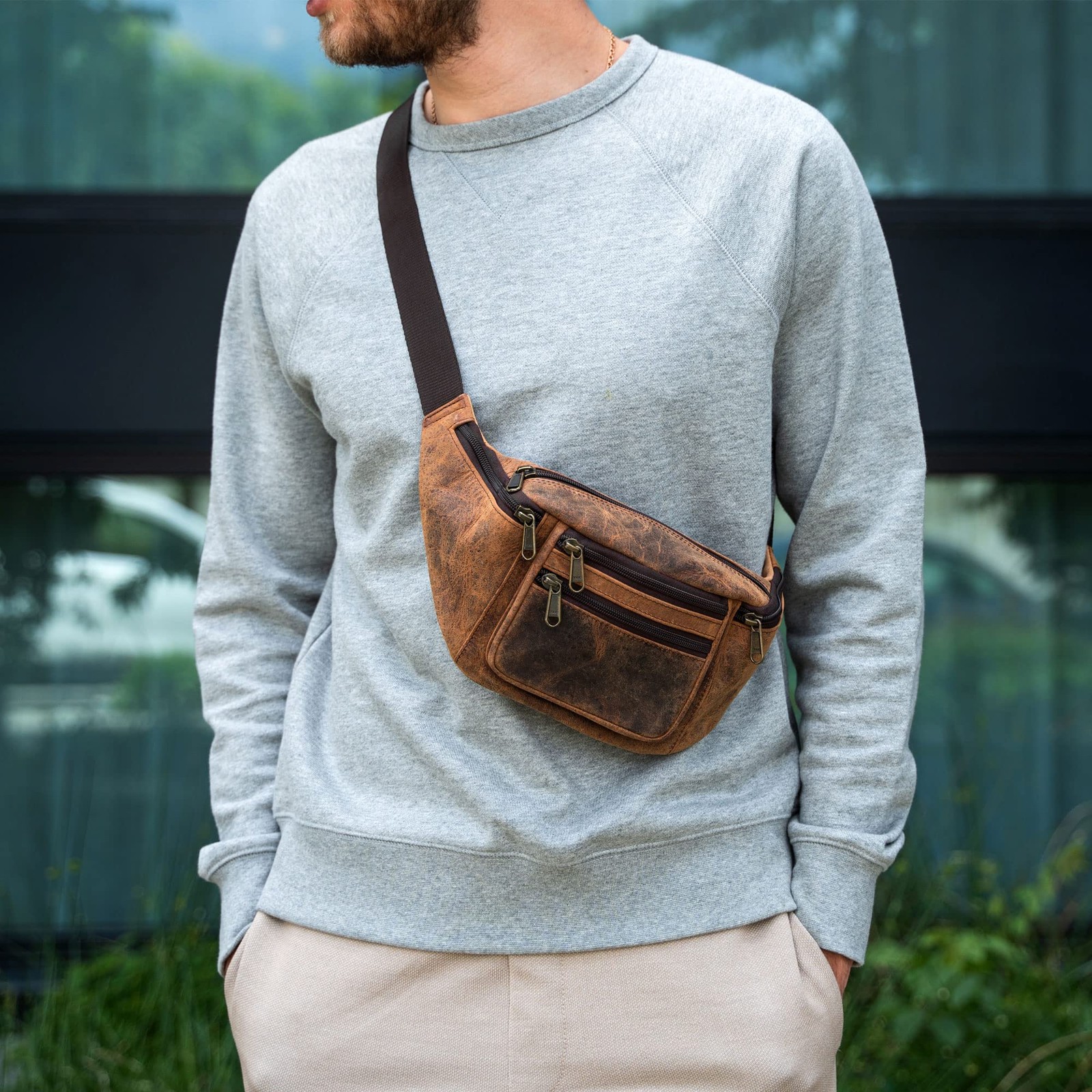 Premium Buffalo Leather Fanny Pack Waist Bum Pouch Multiple Pockets Run