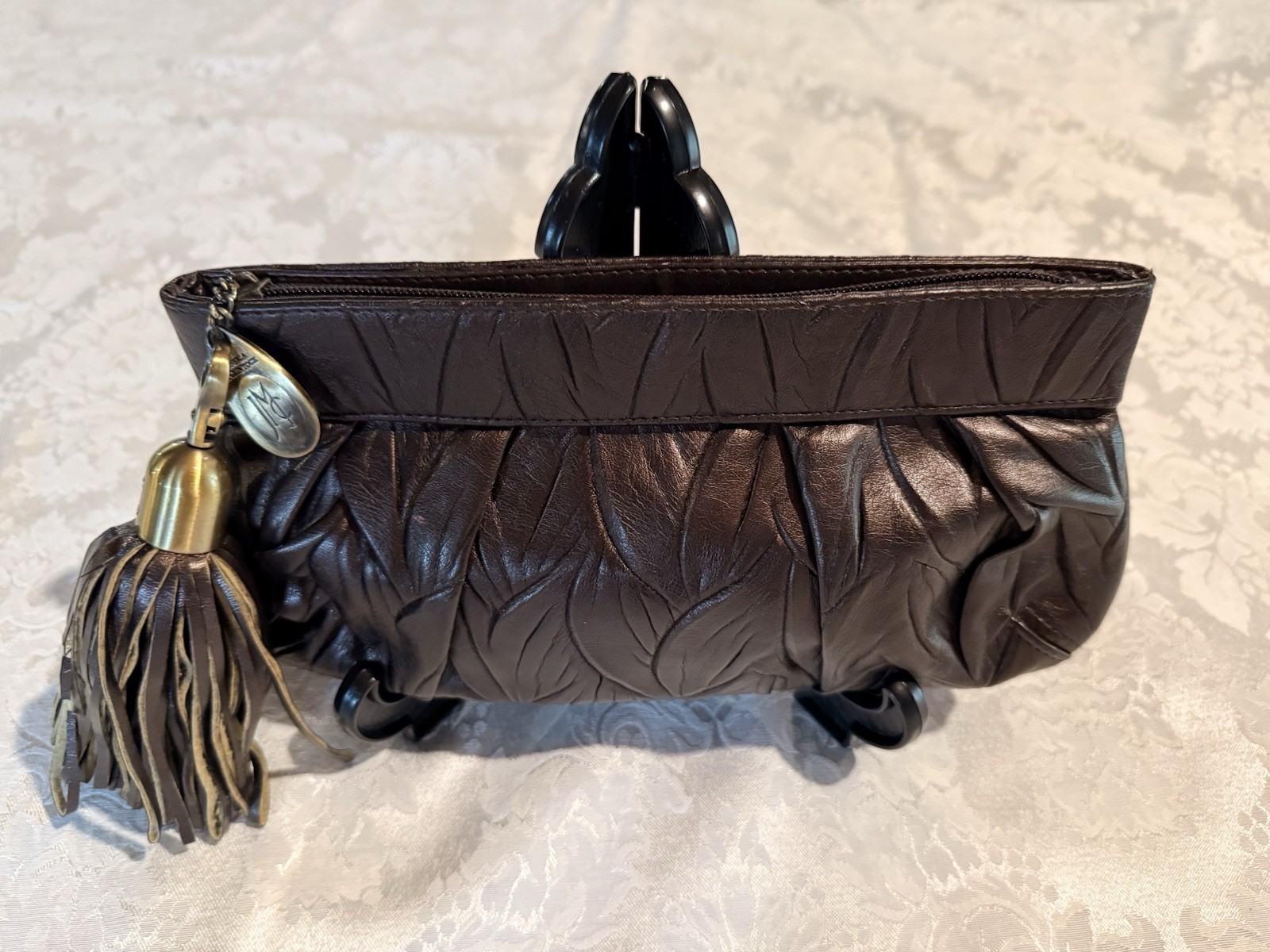 Women’s Brown Pleated Zip Clutch Wrist Strap Tassel Charm Lined Gold Hardware
