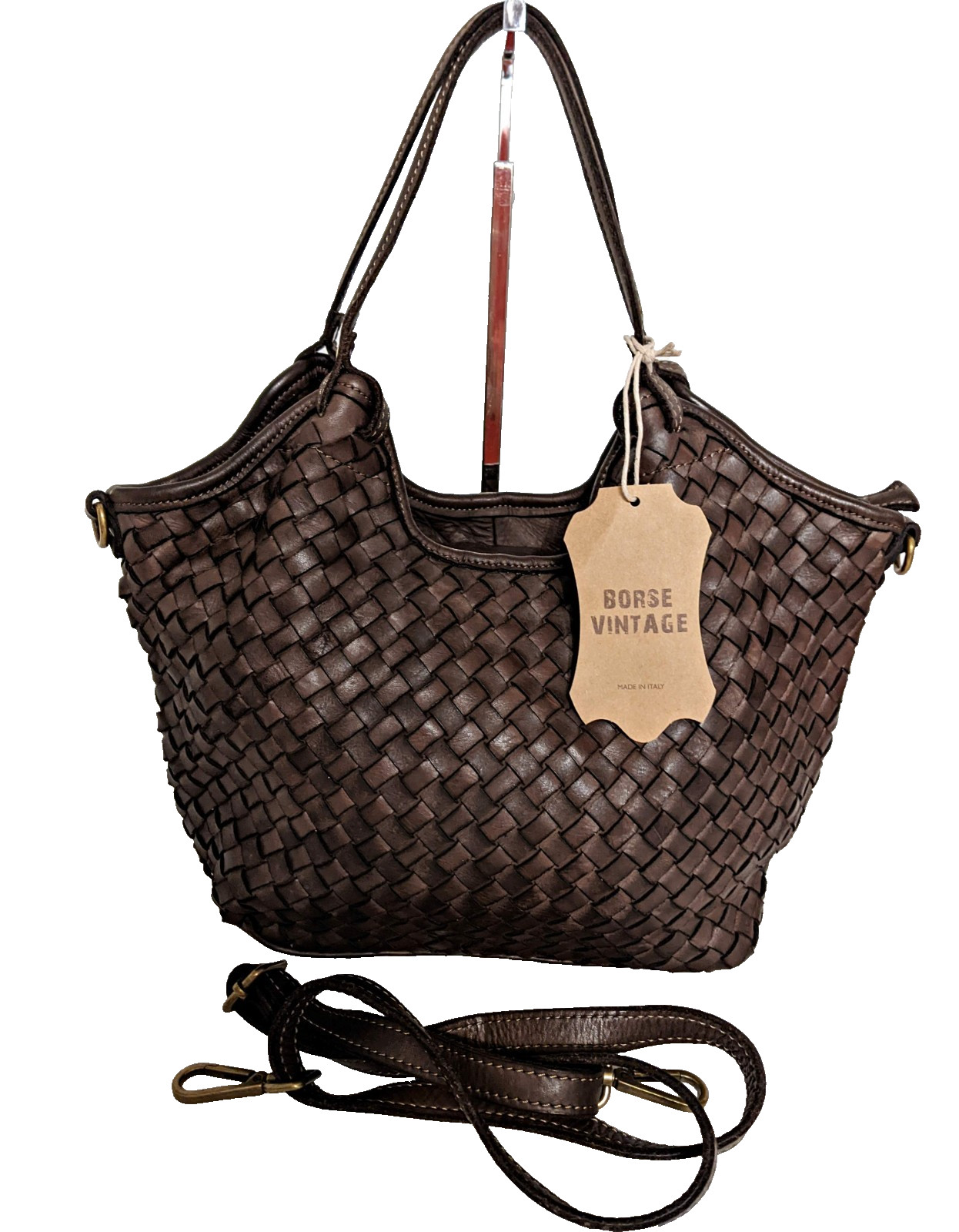 ITALIAN HAND WOVEN GENUINE WASHED LEATHER HANDBAG SATCHEL- MADE IN ITALY