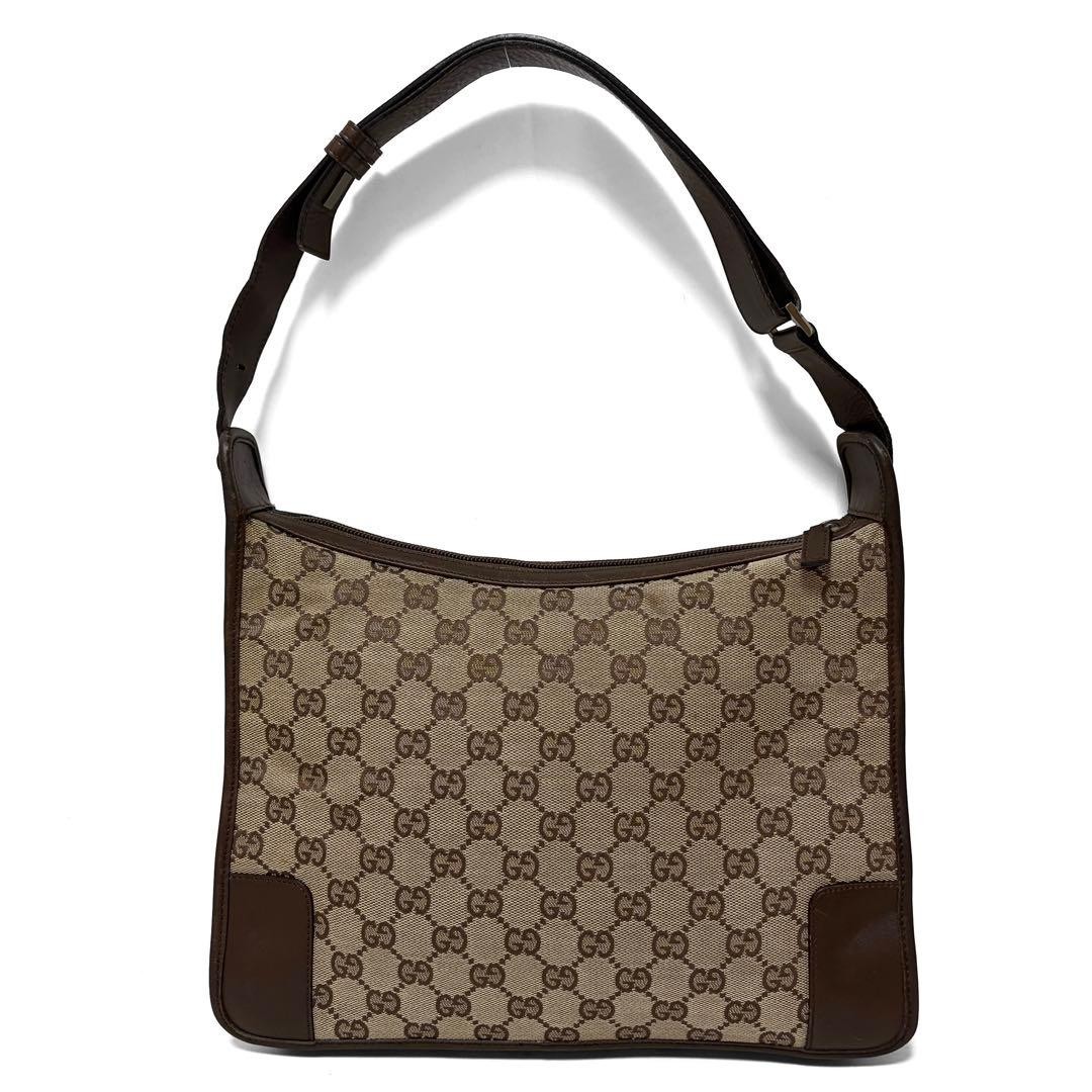 GUCCI GG Canvas Leather Shoulder Bag Beige Brown Italy 30.5x23cm Strap Authentic