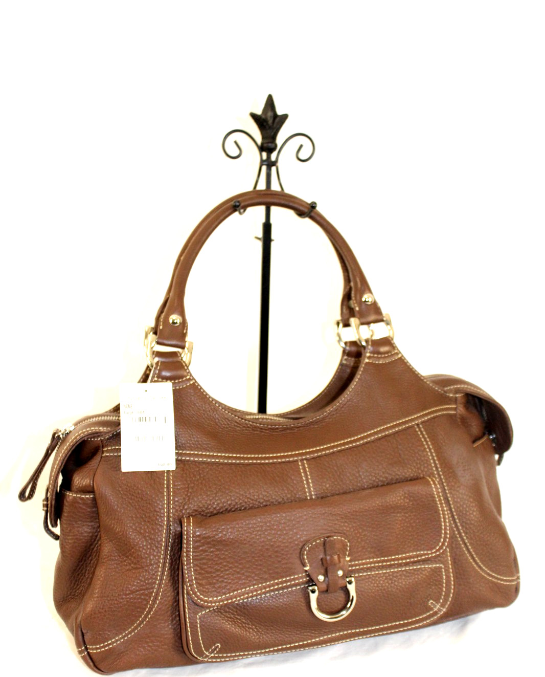 New NORDSTROM Buttery Pebbled Leather Lots of Pockets Brown Classy Handbag Purse