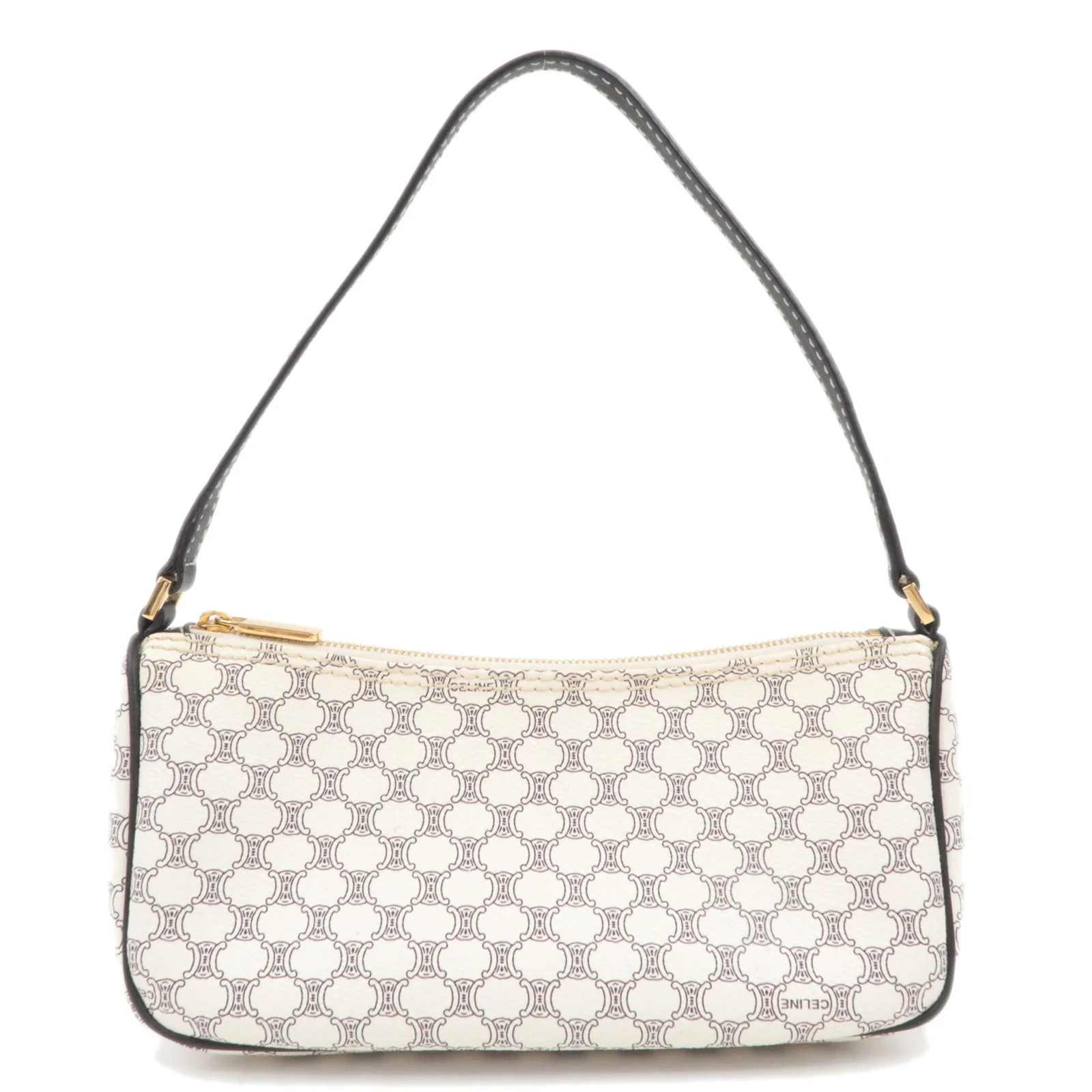 CELINE Macadam PVC Leather Shoulder Bag Ivory Dark Brown Gold HDW Authentic
