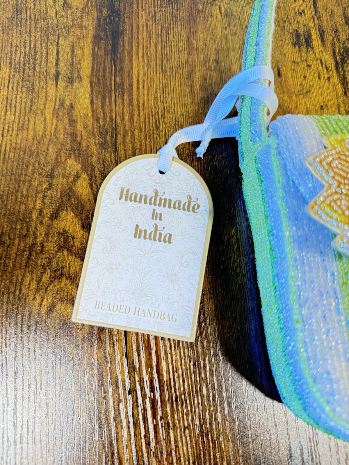 Viral Made In India Beaded Yellow Tulip Purse With White And Green stripes