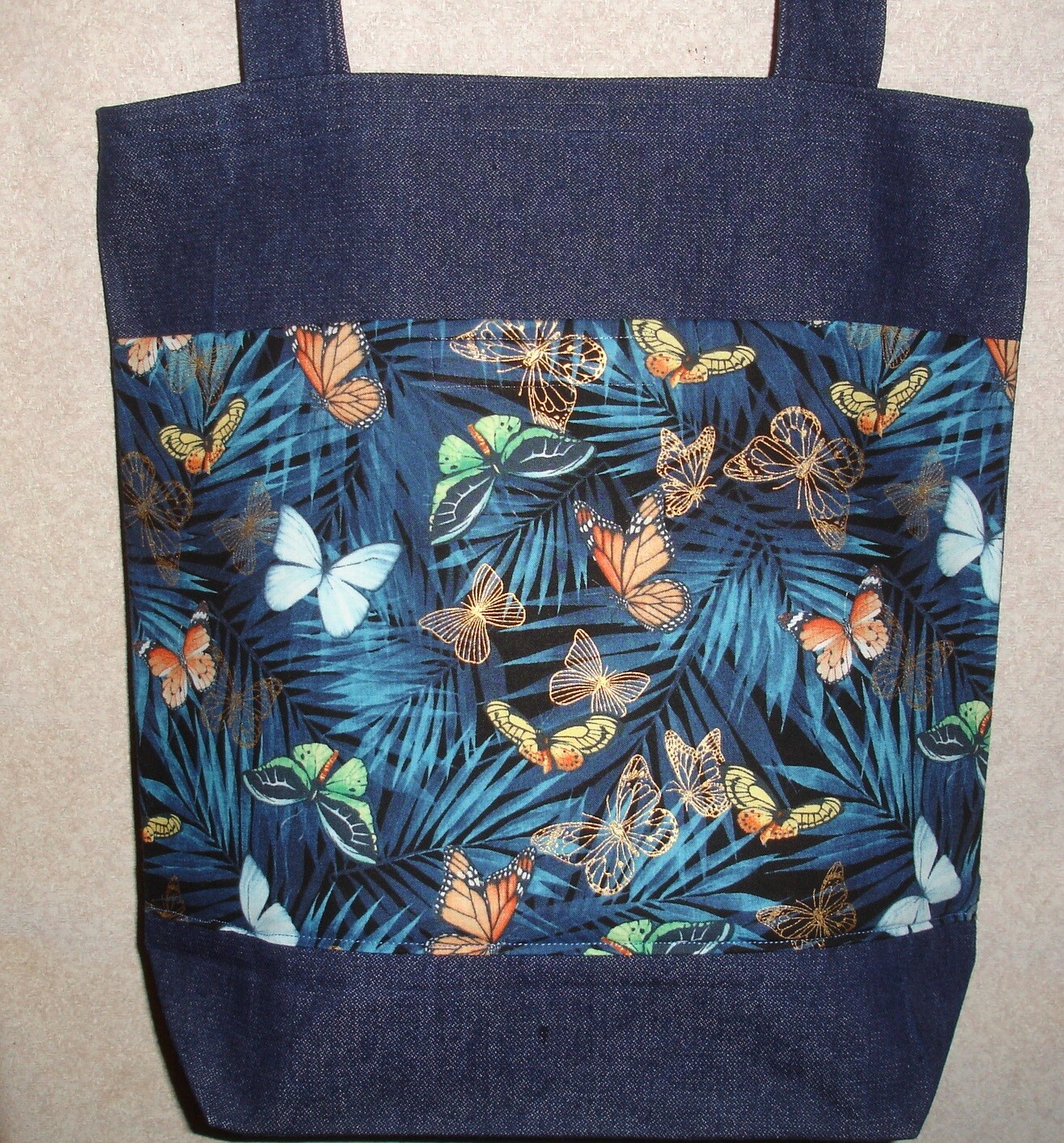 NEW Handmade Large Colorful Butterfly Butterflies Navy Blue Bkgd Denim Tote Bag