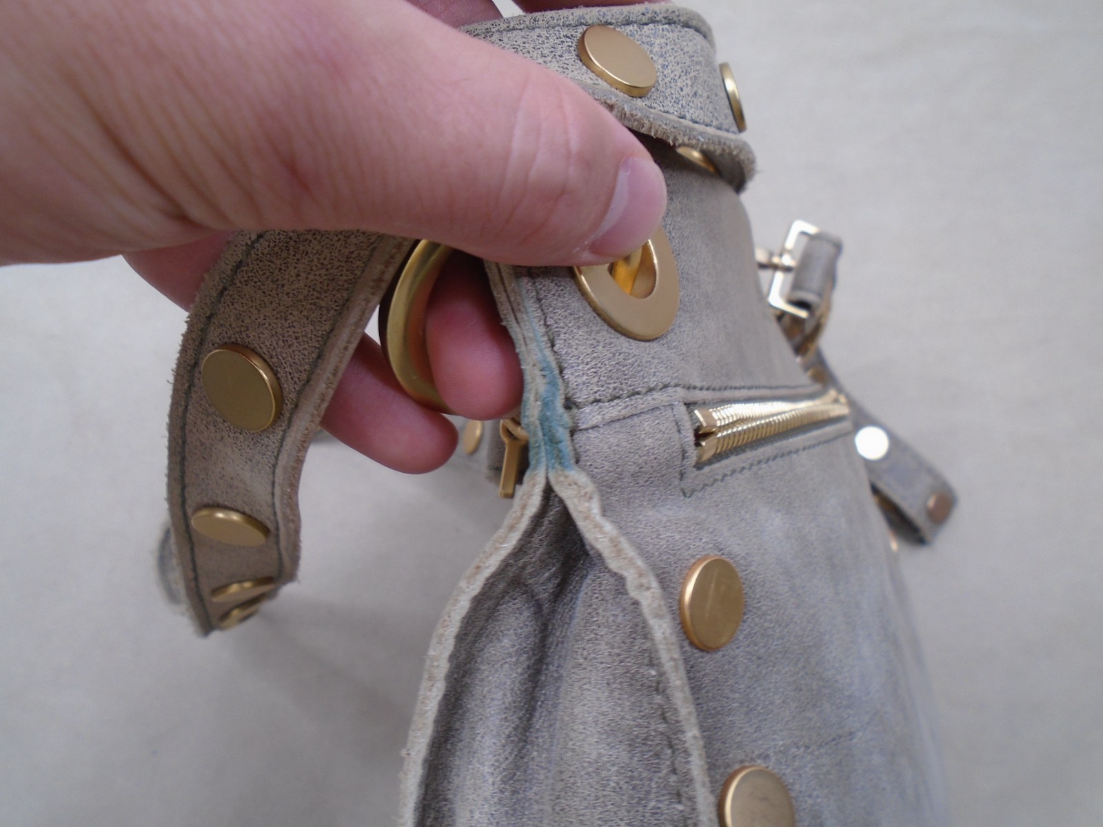 Hammitt Los Angeles Gray Studded Crossbody Bag, Zip Closure, Gold Hardware