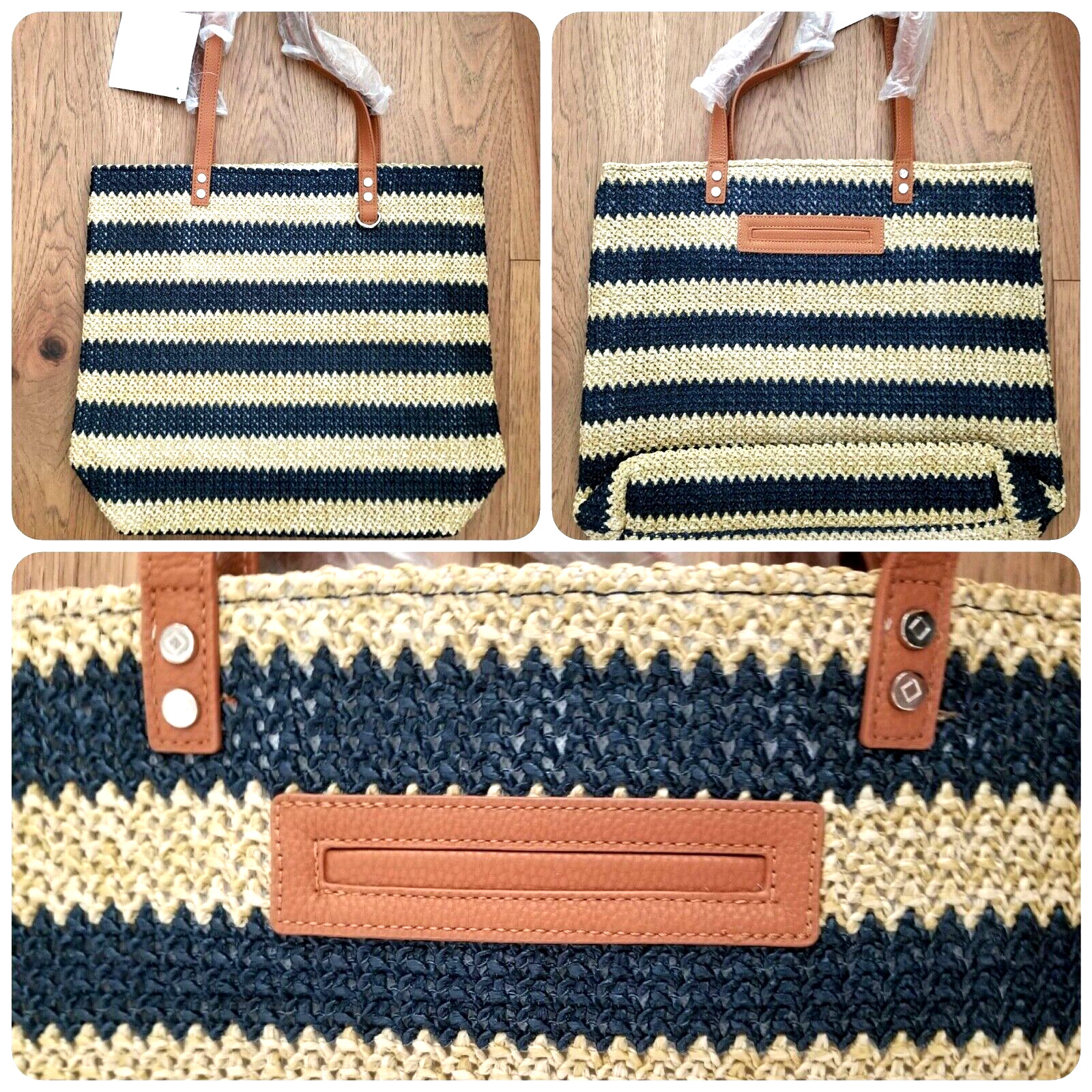 NEW! Thirty One Around Town Navy Stripe Straw Tote Bag Summer Beach Purse 31