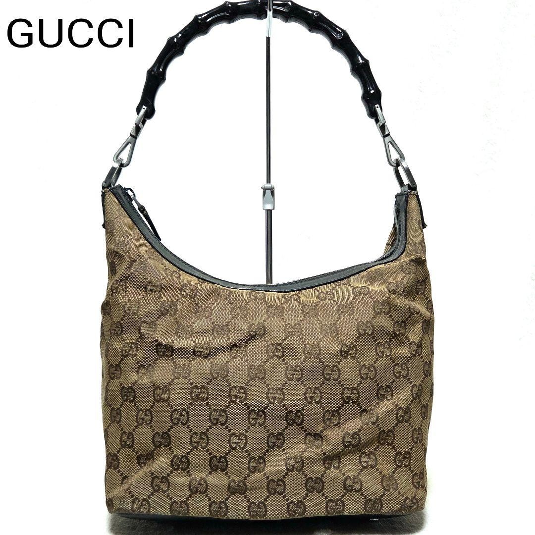 Gucci GG Canvas Bamboo Hobo Handbag Black Shoulder Bag Japan 0610735