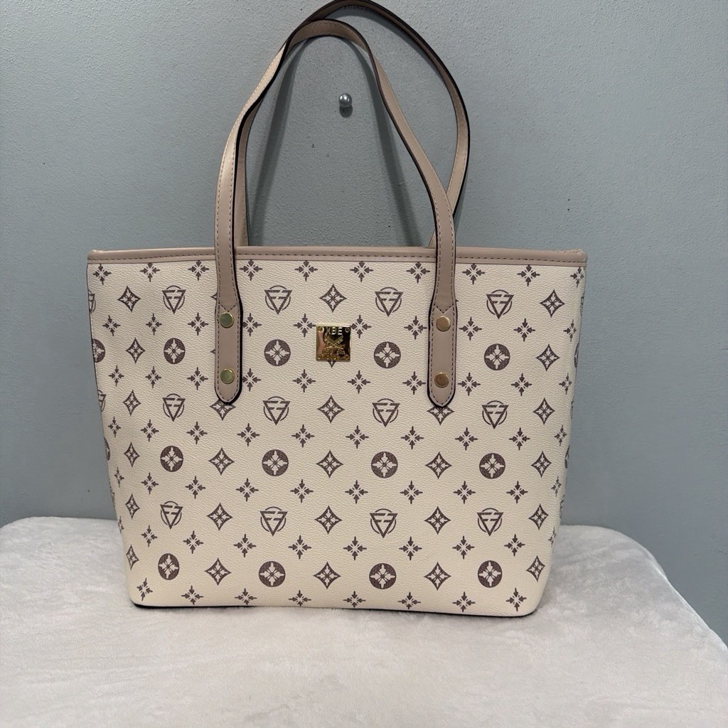 Beige Brown Logo Print Zip Top Tote Bag w/ Double Handles, Inner Pockets, Lined