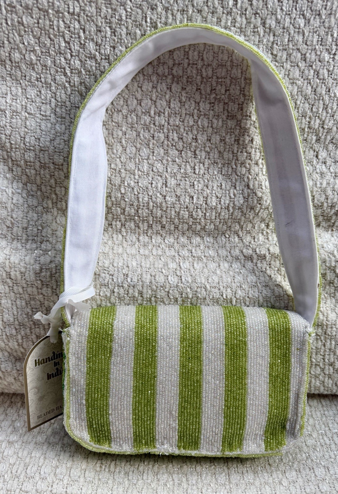Handmade In India Beaded Yellow Tulip Green & White Striped Shoulder Bag NWT