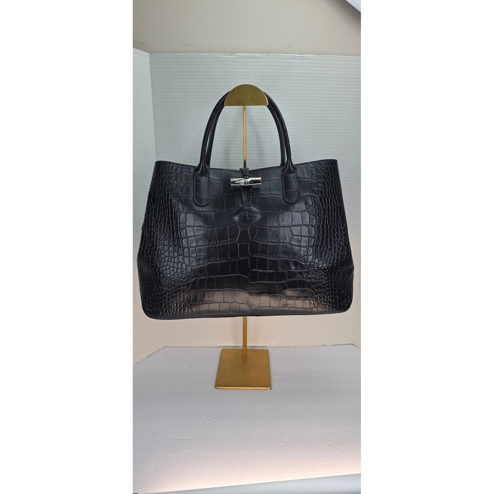Longchamp Roseau Crocodile Embossed Leather Tote Bag Black Silver Hardwa G2U