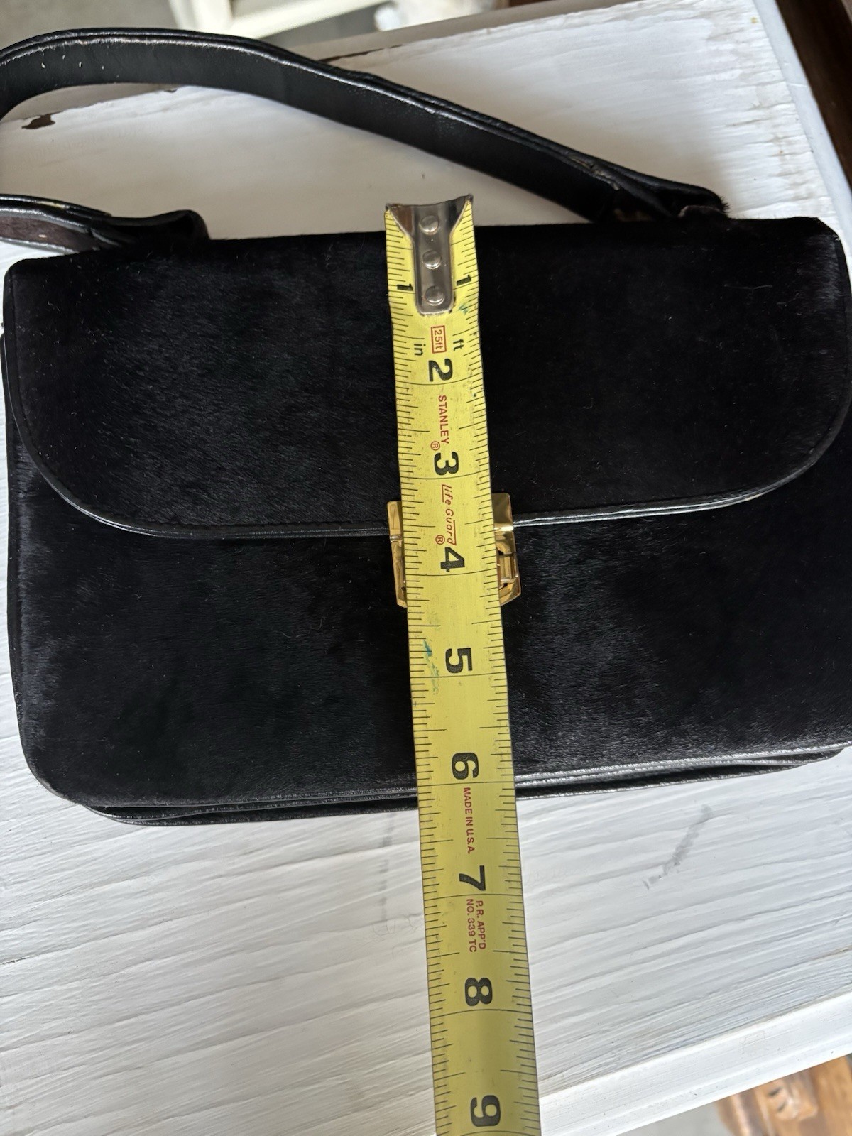 VTG Black Calf Hair Pony Hair Top Handle Handbag Gold Turn Lock Leather Purse