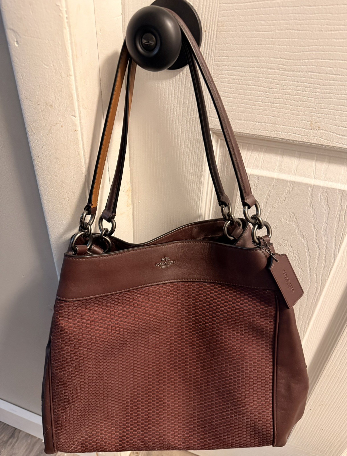 Coach Legacy Jacquard Lexy Shoulder Bag Purse Classic Tote Brown Maroon F57540