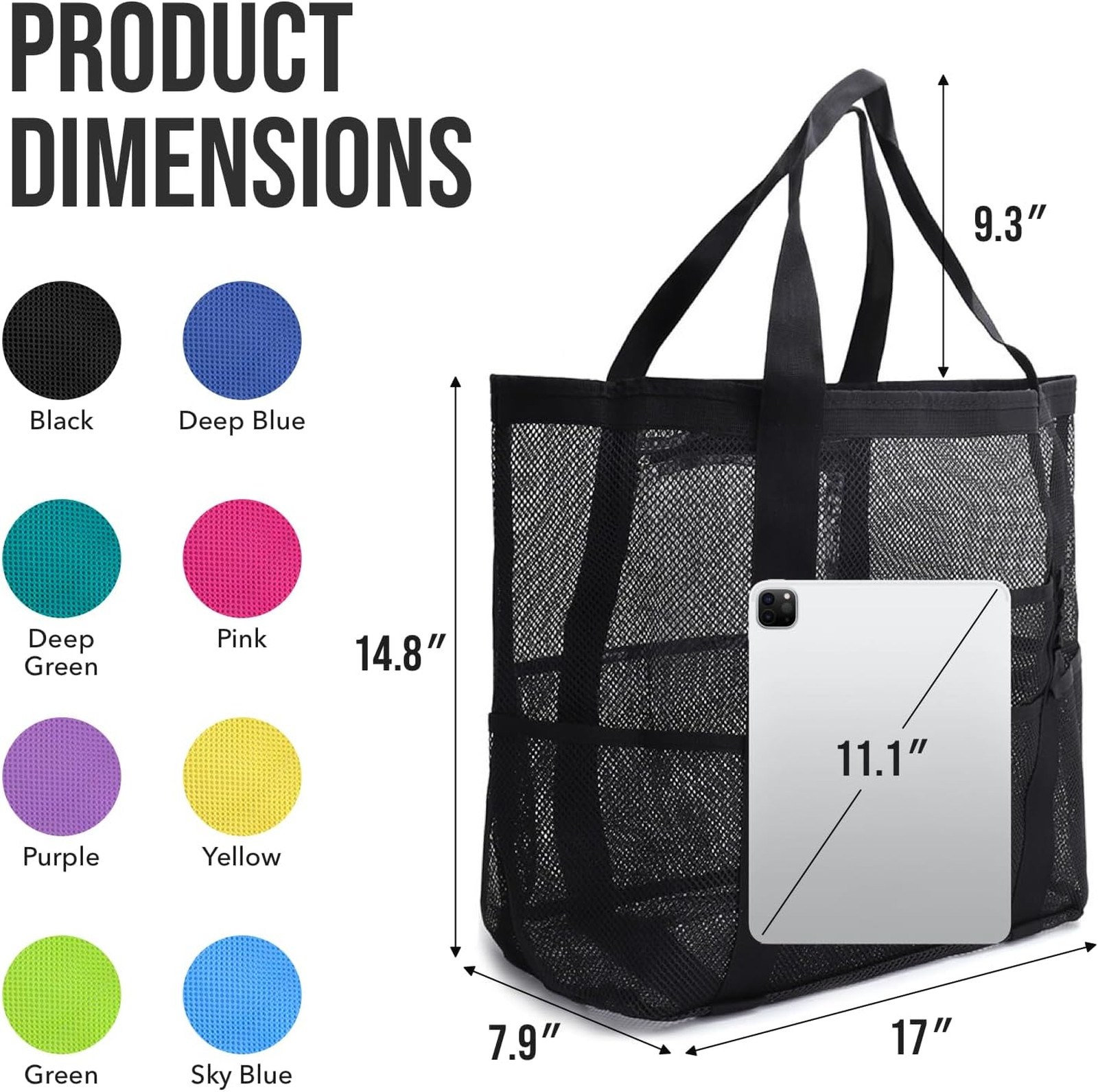 Large Mesh Beach Tote Bag Reinforced Hard Bottom Foldable Summer Vacation Travel
