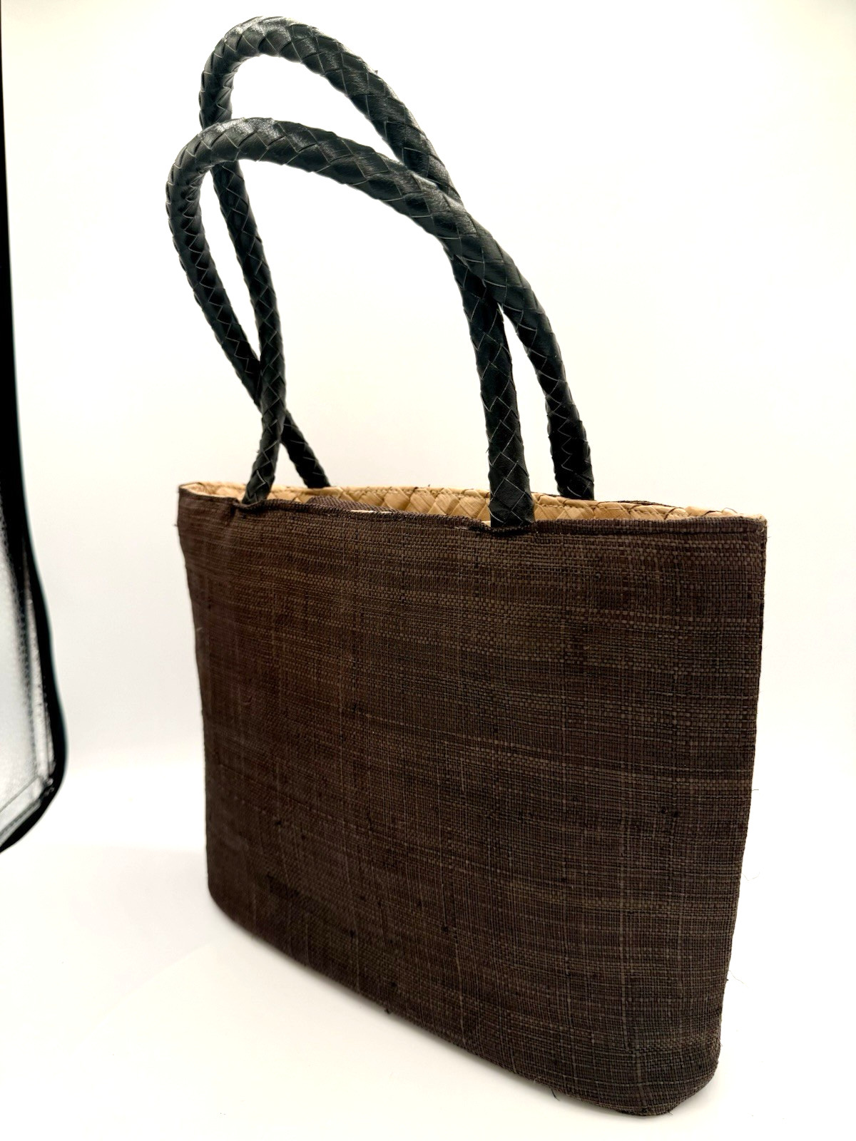 Italy Woven Abalone Handbag Chocolate Brown Wood Bead Rectangular Leather Handle