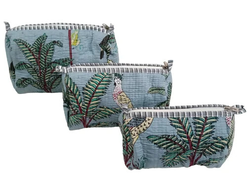 Set of 3 Hand Block Print Cotton Toiletry Bag Quilted Travel Pouches Blue