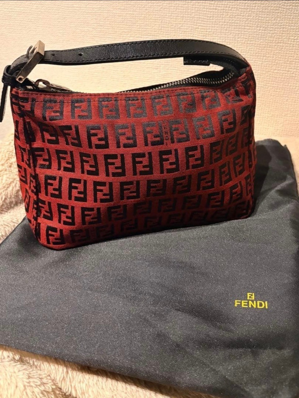 FENDI Vintage Zucca MonogramMini Pochette Canvas Red Black Dust Bag