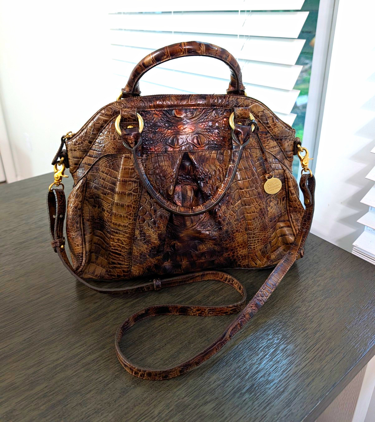 Brahmin Louise Rose Pecan Croc Satchel Bag – With Crossbody Strap! FREE SHIP