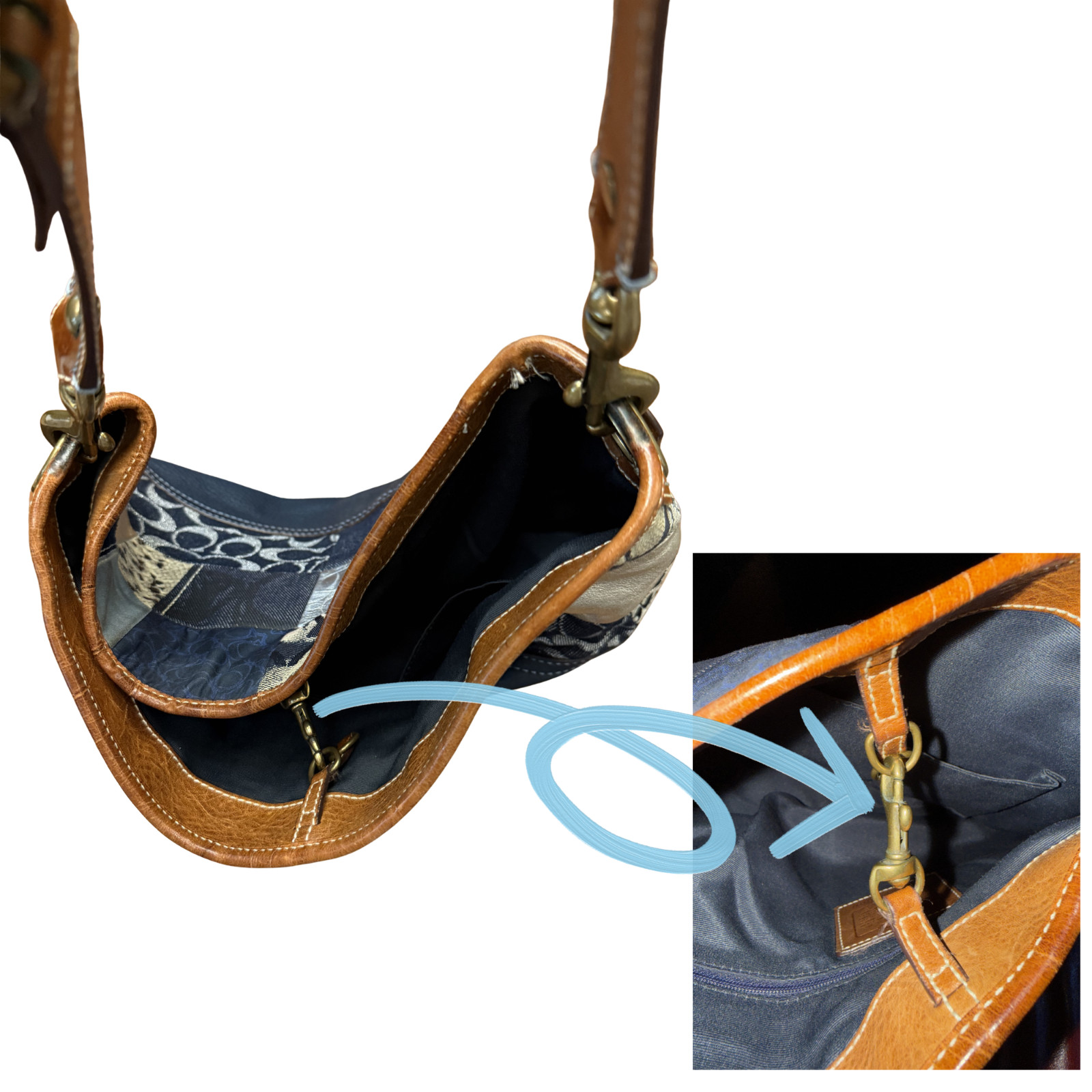 Authentic Coach Vintage Y2K Ergo Denim Patchwork Hobo Bag 10003 Blue Leather EUC