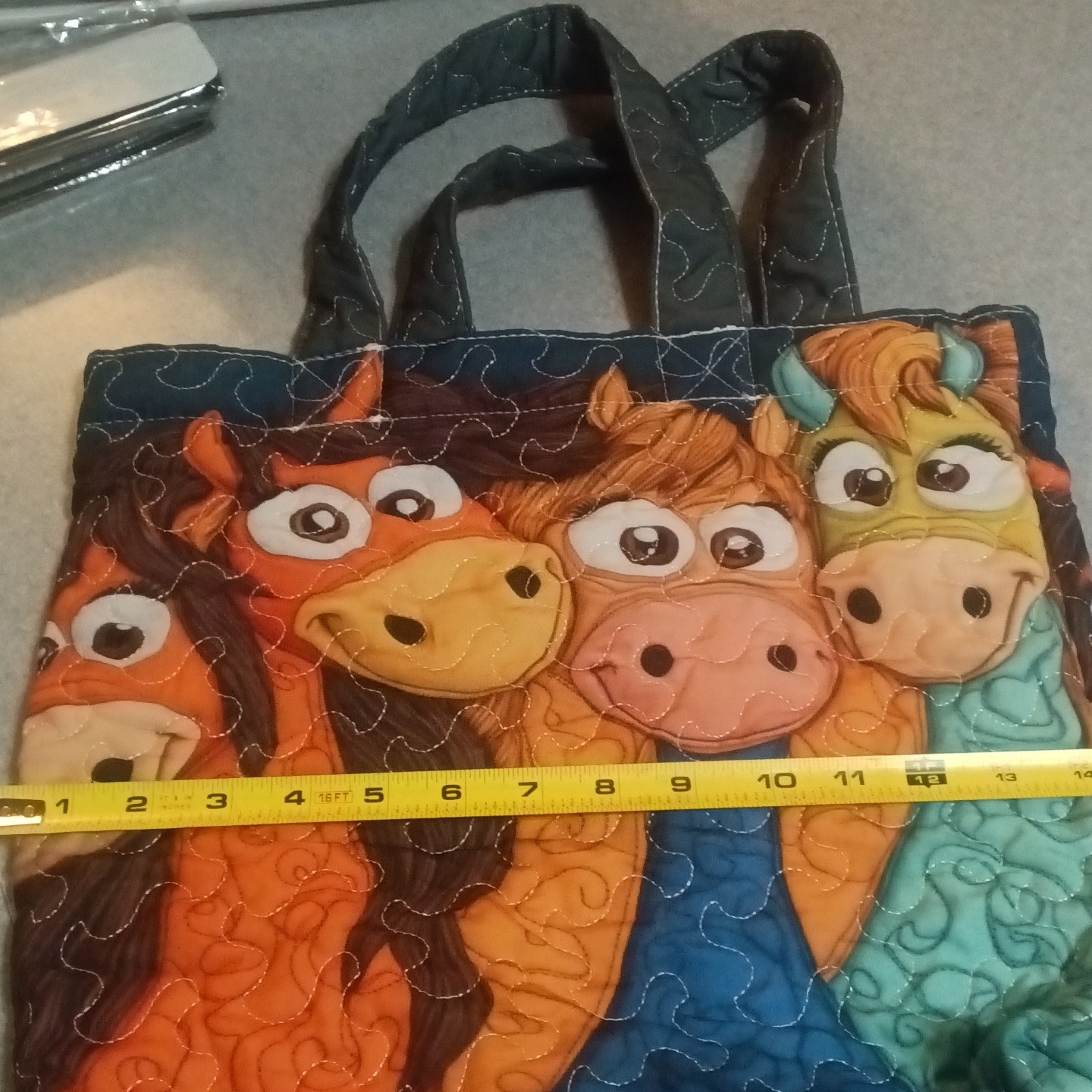 Quilted Horse Face Animal Print Tote Bag, Multicolor, Blue Double Handles