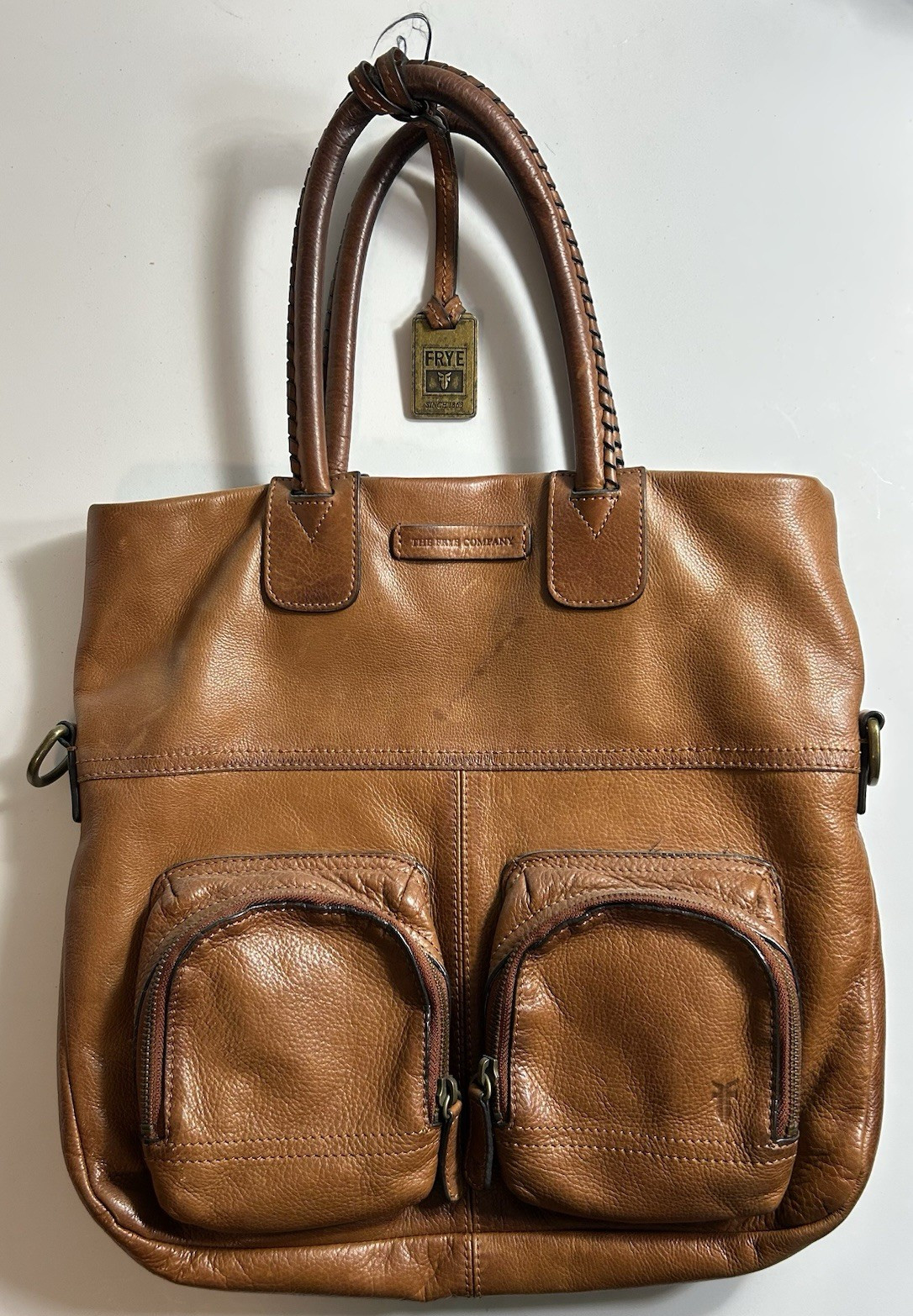 Frye Brown Satchel Top Handle Zip Bag Double Handles Outer Pockets Brass