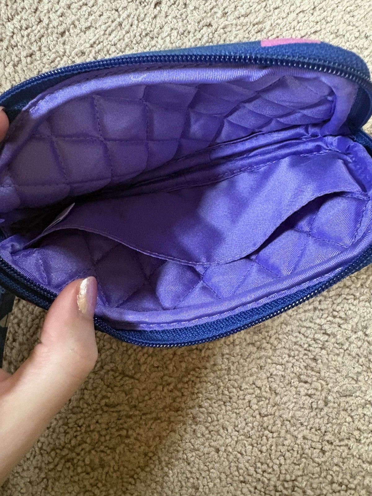 Quilted Floral Zipper Fabric Makeup Bag Wrist Strap, Blue Purple Pink White