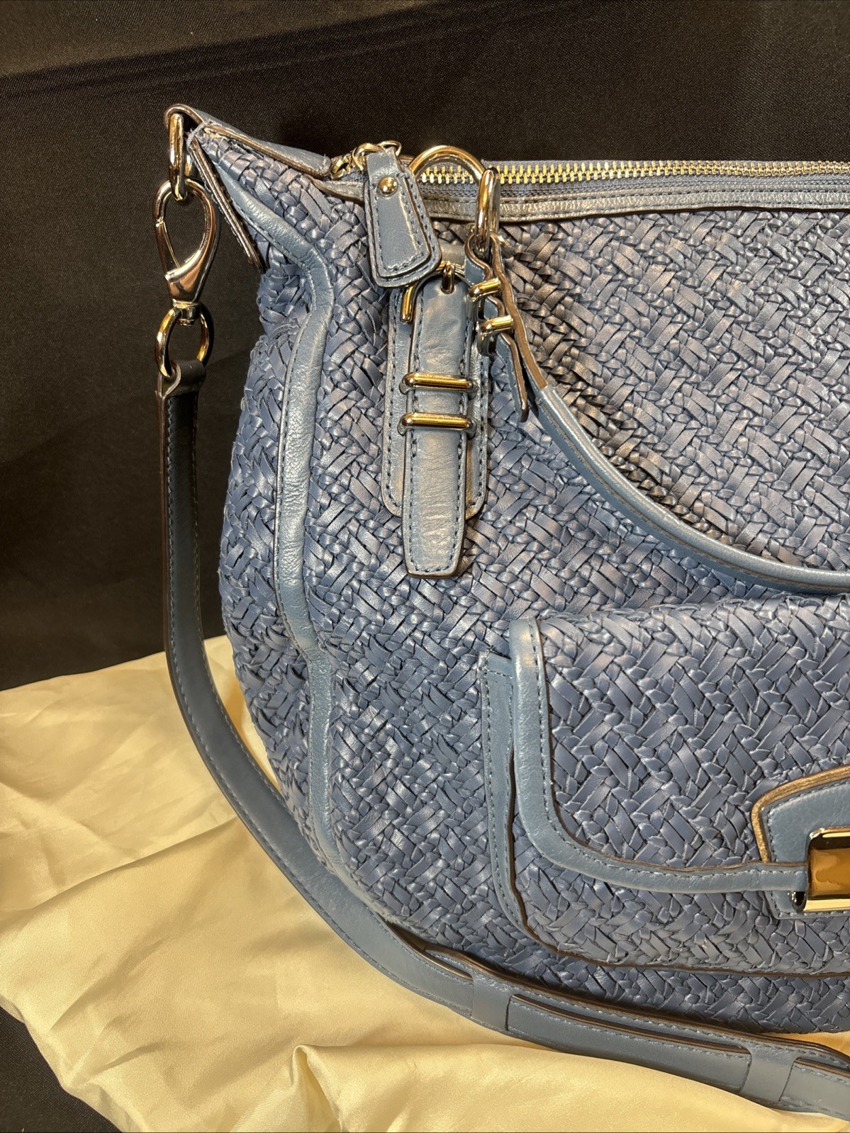 Coach Kristin Blue Woven Leather Large Satchel Shoulder Handbag RARE EXCELLENT