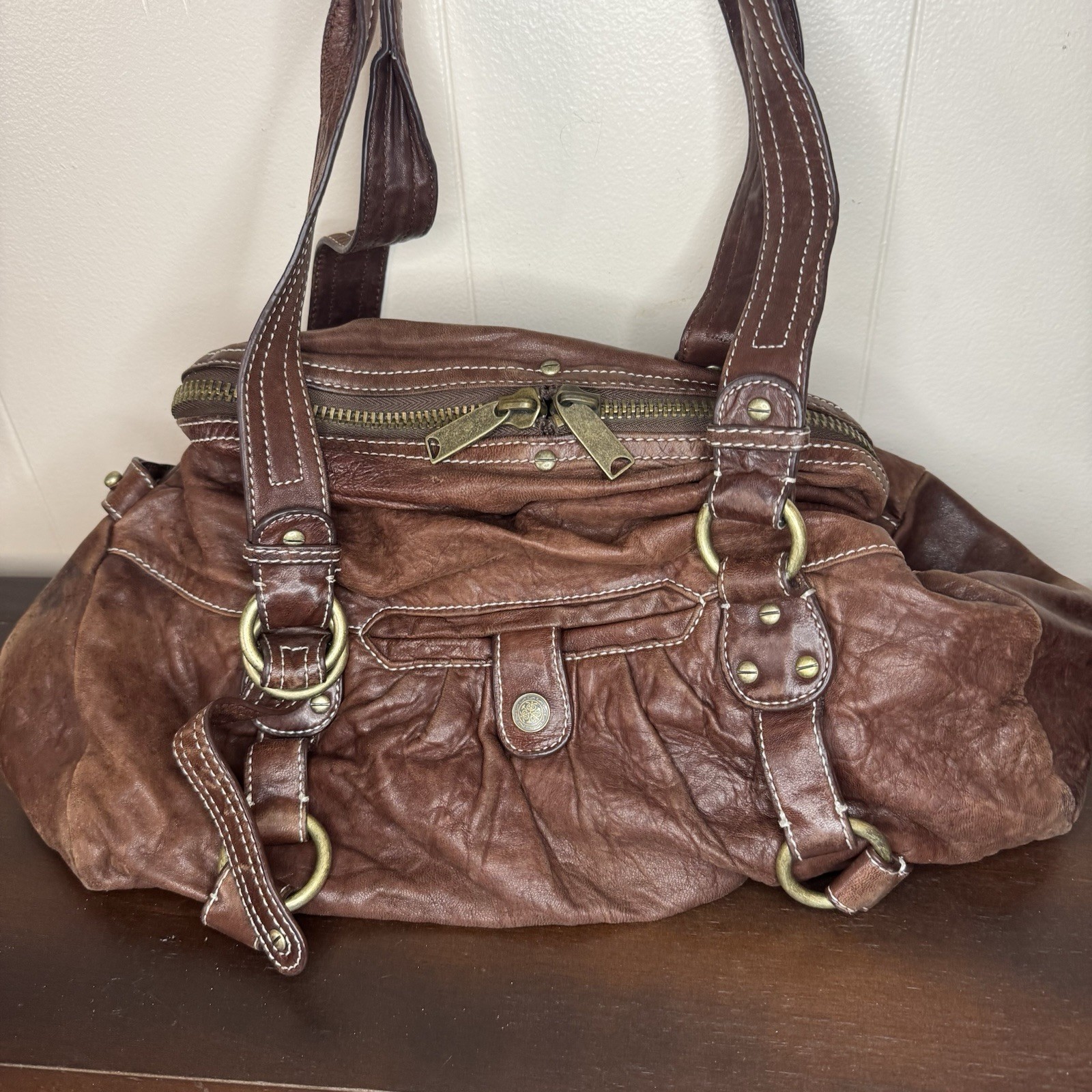 Cynthia Rowley Leather Bucket Satchel Bag Purse Large Brown Buckle Grommet