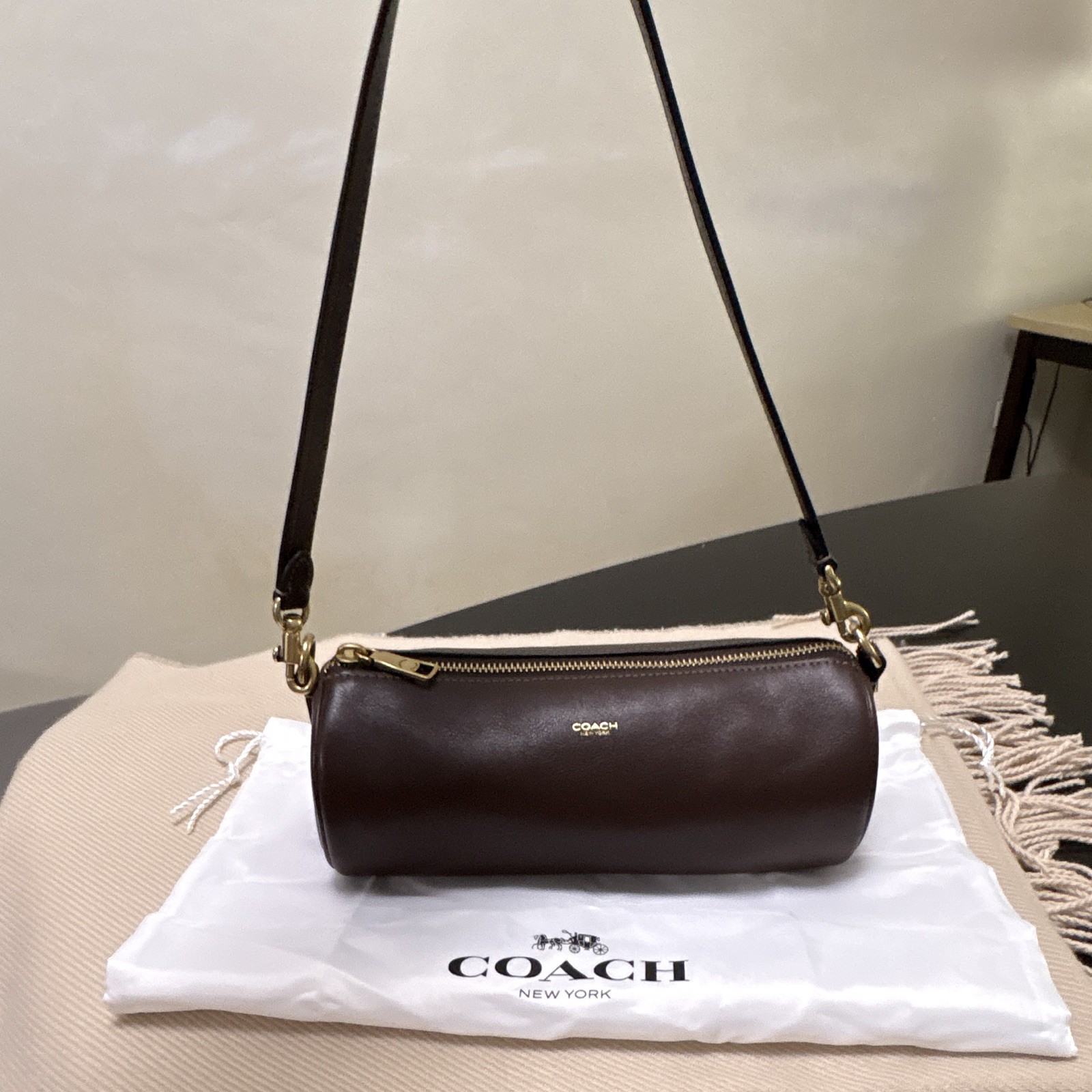 Coach Brown Small Cylinder Shoulder Bag Zip Closure Gold Hardware Lined Dust Bag