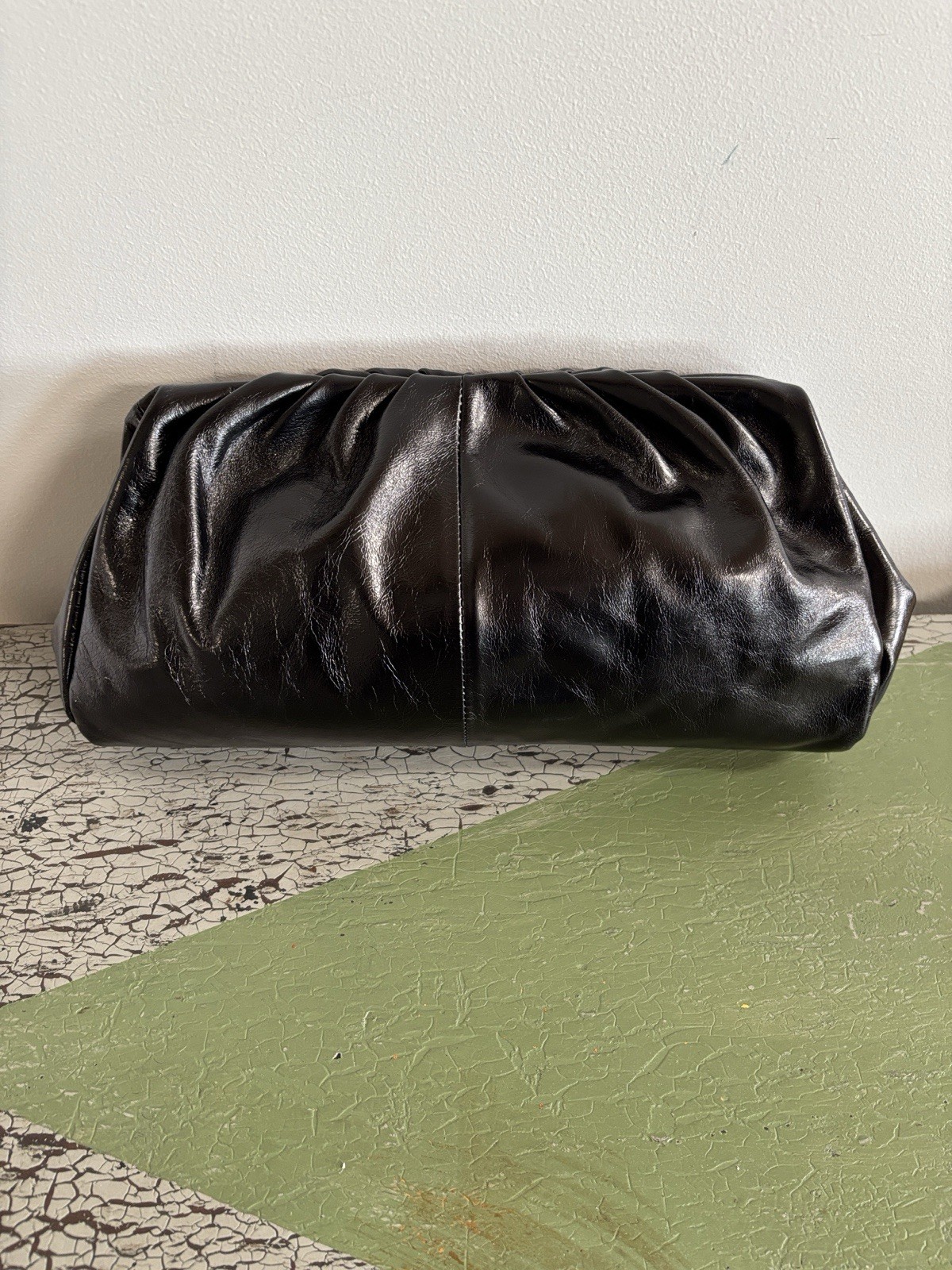 Hobo Angela Black Gathered Leather Clutch Bag Retro Rare Moto Biker Boho Purse