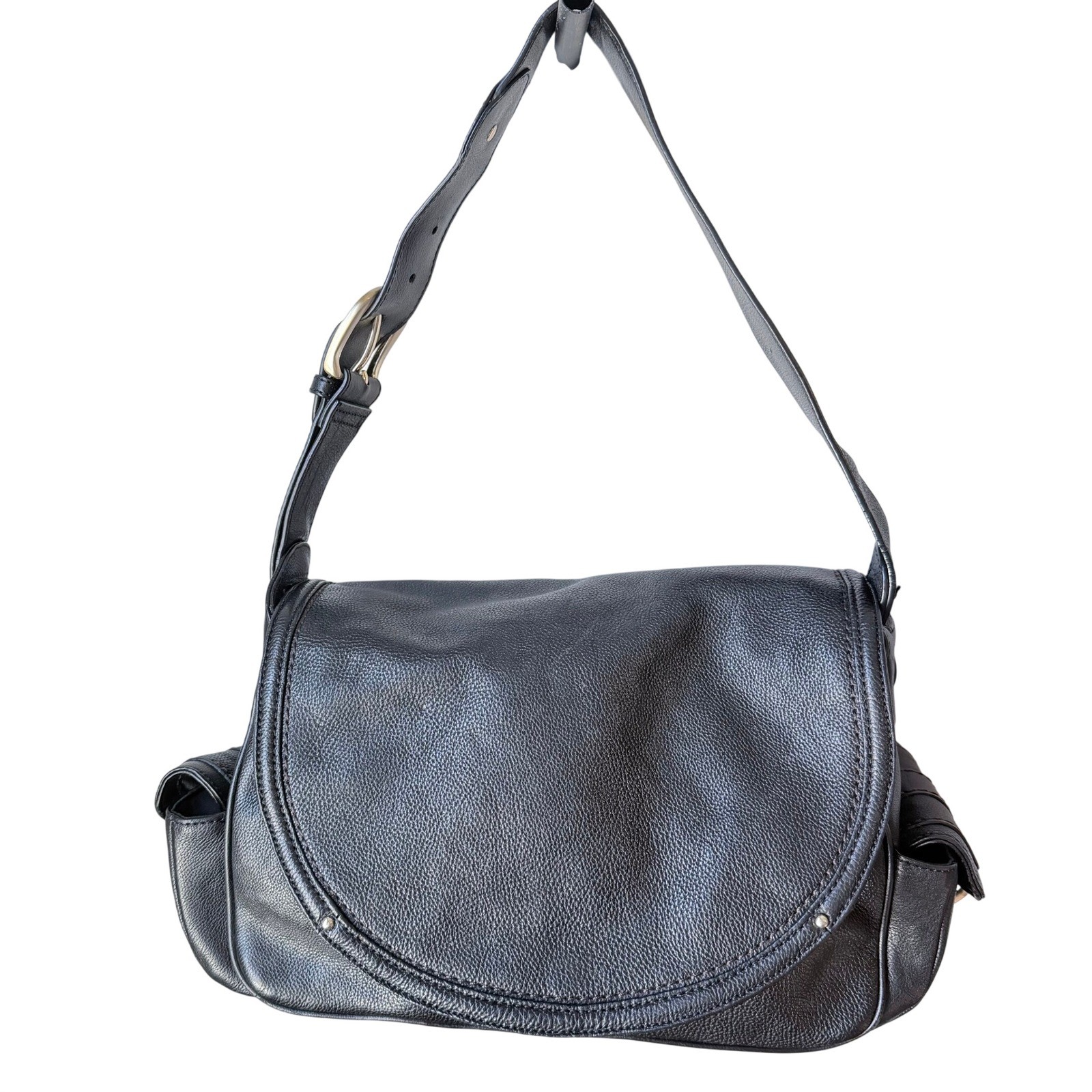 Black Pebbled Leather Shoulder Bag Flap Messenger Casual Classic Ann Taylor