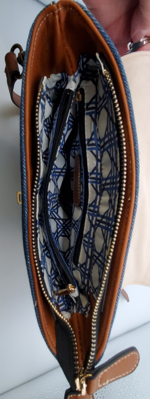 Coco + Carmen Women’s Handbag Blue And White With Brown Straps Crossbody Bag