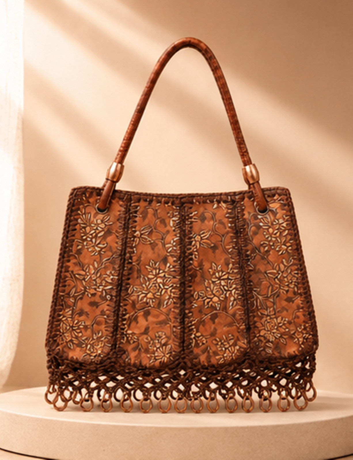 Handmade Brown Floral Embroidered Tote Bag, Boho Shoulder Handbag