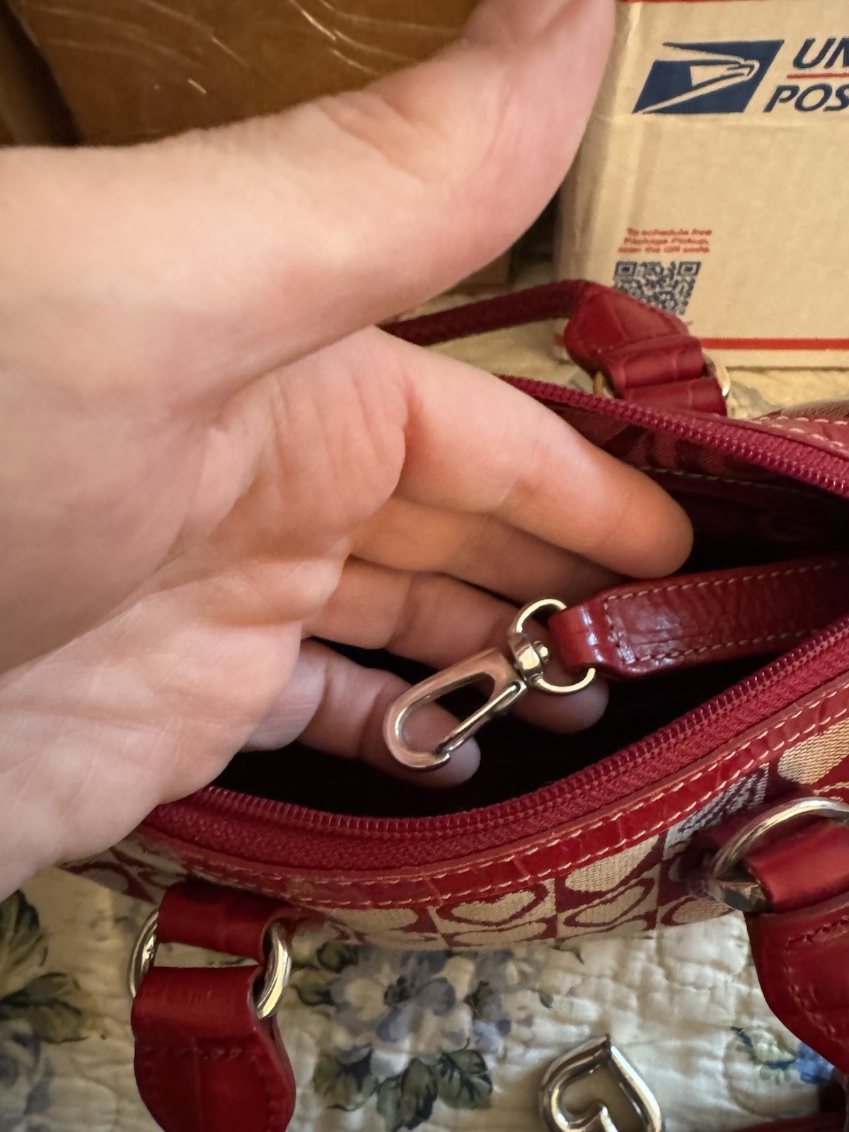 Brighton Red Heart Print Small Satchel Top Handles Zip Bag w/ Charm, Pockets