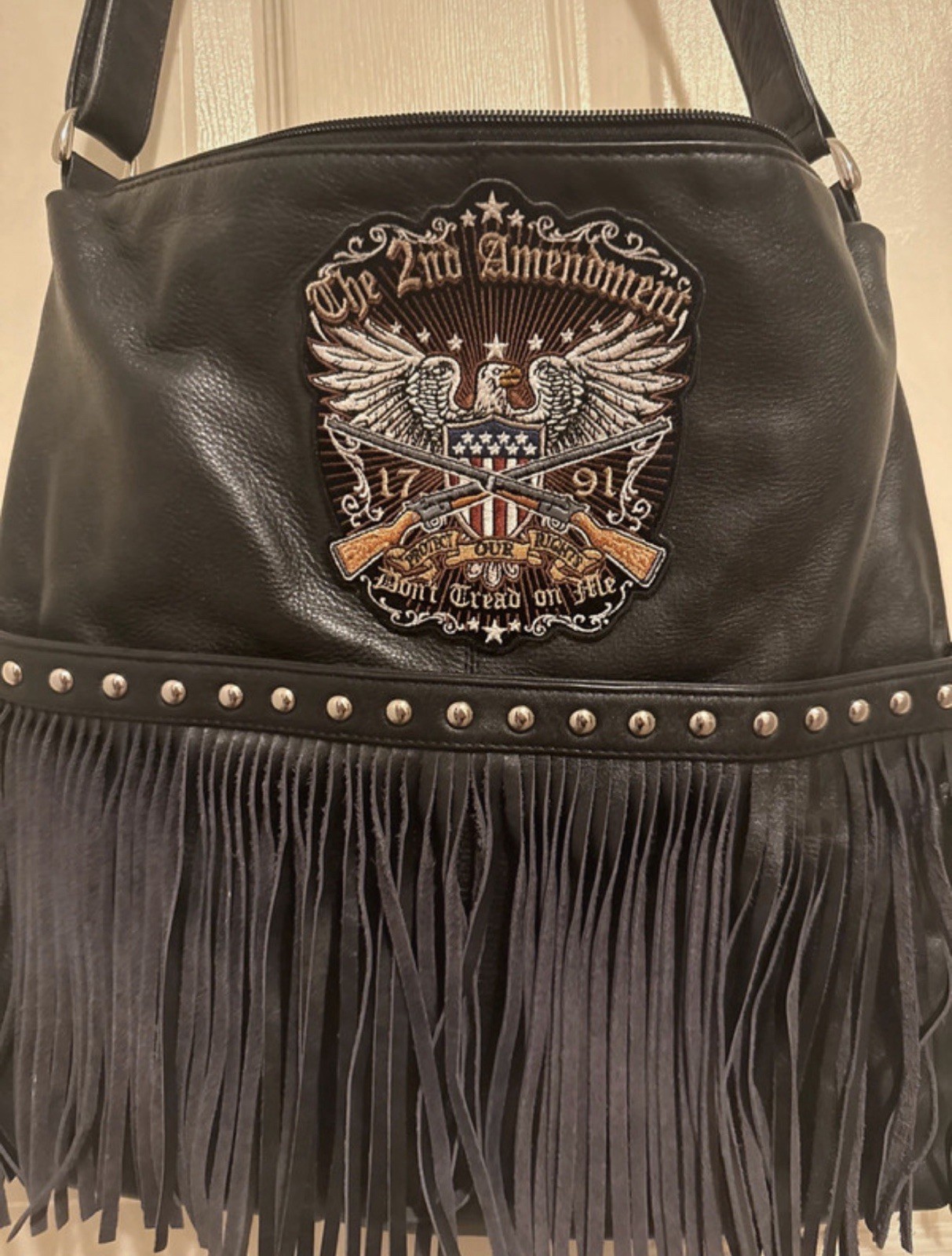 Women’s Black Shoulder Bag Fringe Studded Zip w/ Embroidered 2nd Amendment Patch
