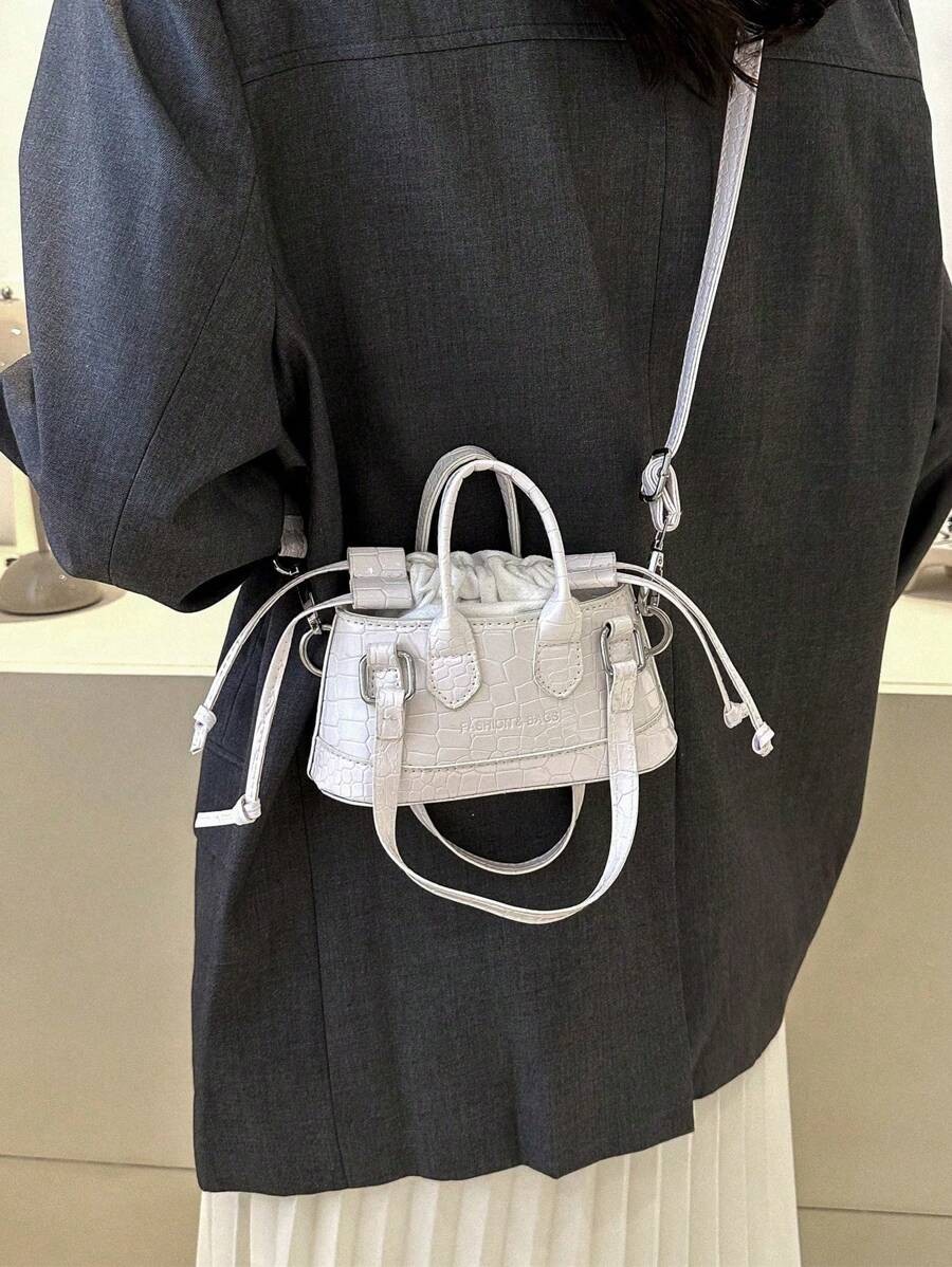 Mini Croc Embossed Bucket Bag Women Drawstring Novelty Crossbody Shoulder