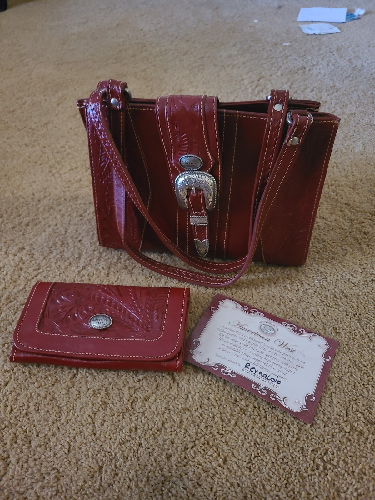 American West Hand Tooled Red Leather Satchel Shoulder Bag & Wallet Set