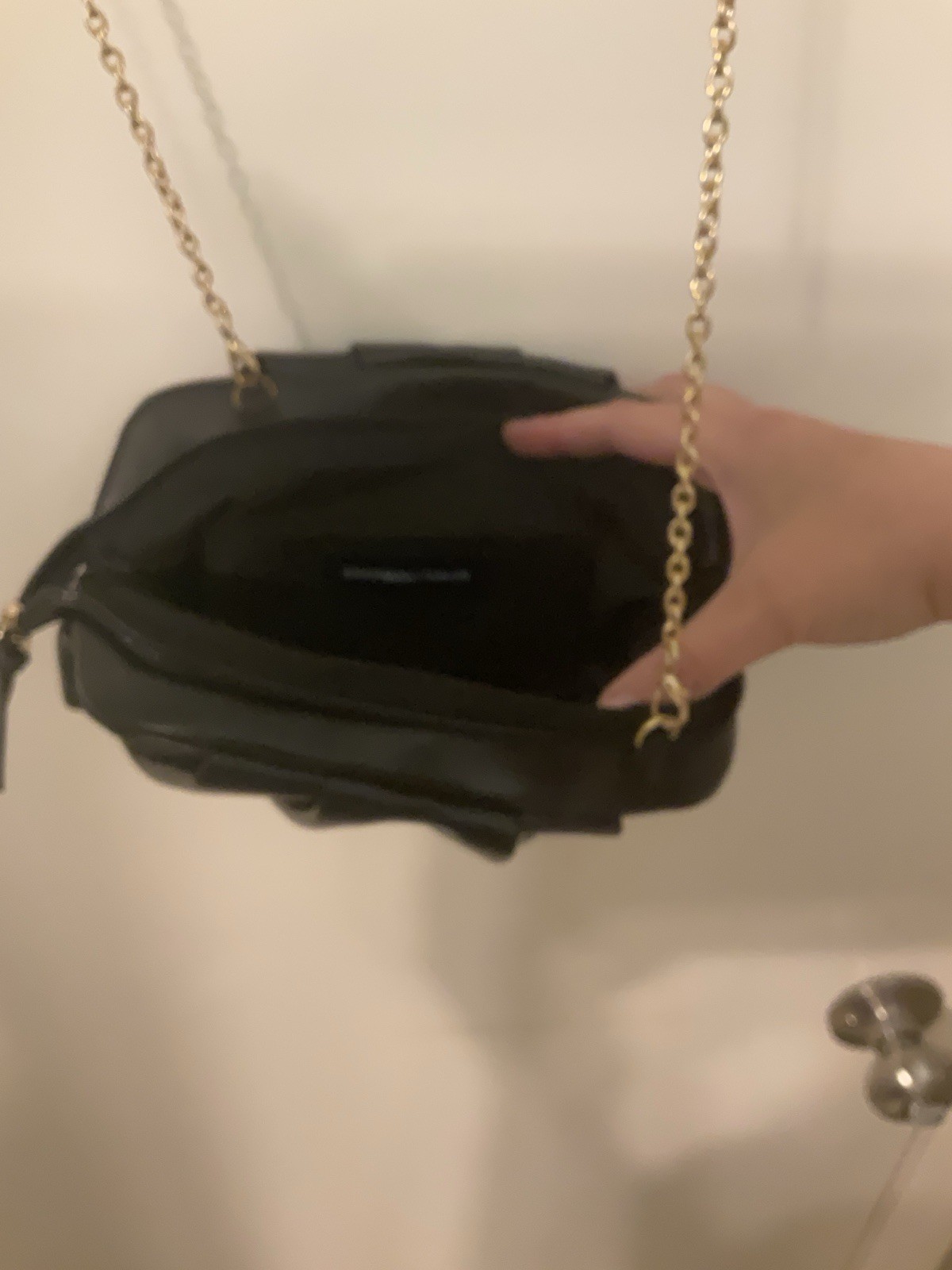 Black Small Shoulder Bag Pleated Solid Matte Zip Closure Gold Chain Strap