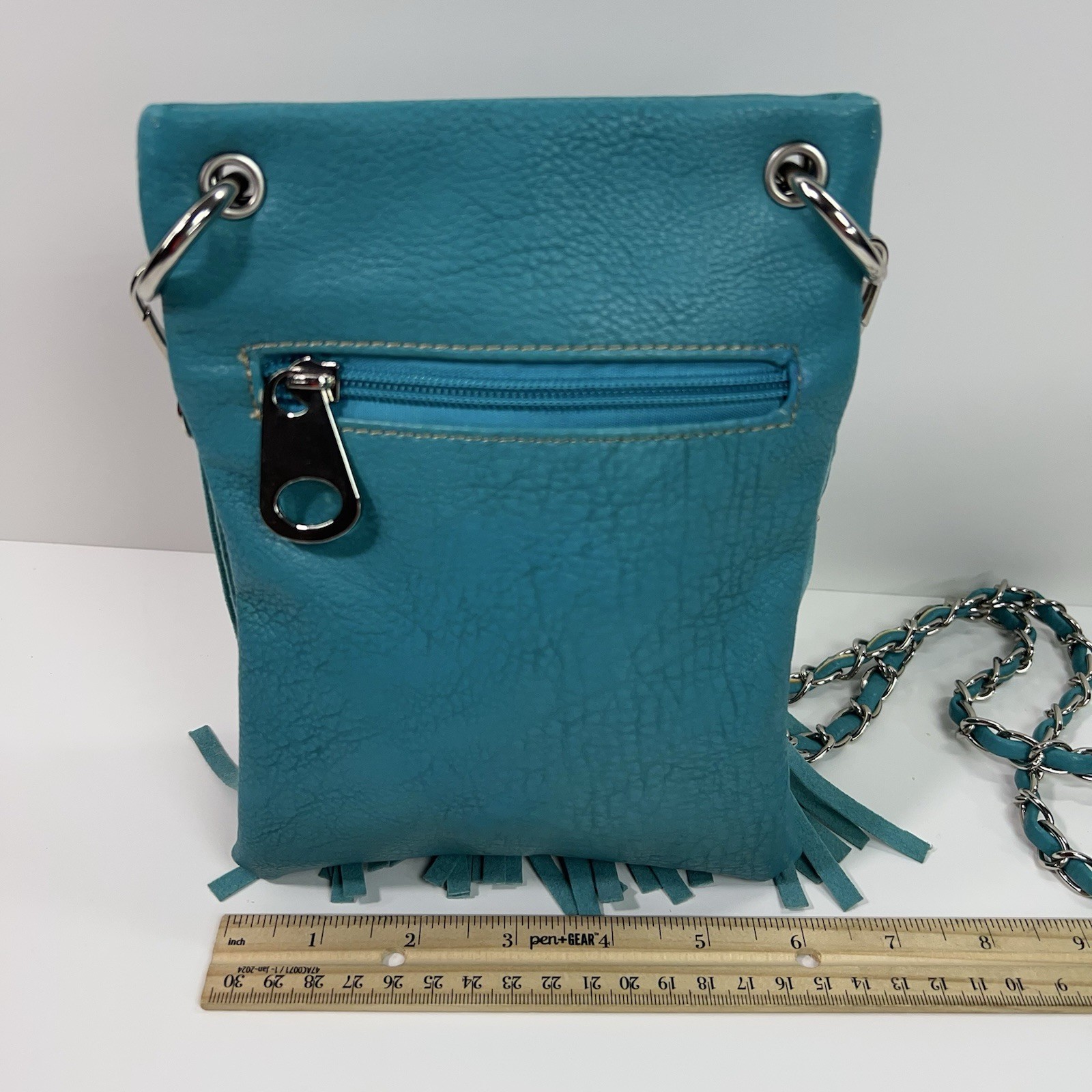 APT 9 Faux Leather Rhinestone Studded Crossbody Bag Chain Link Fringe Turquoise
