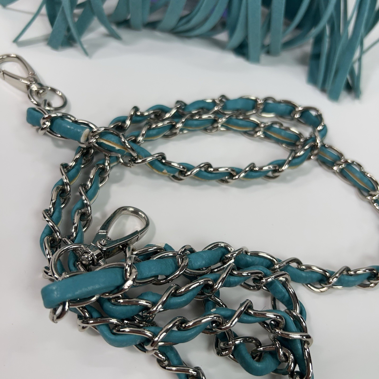 APT 9 Faux Leather Rhinestone Studded Crossbody Bag Chain Link Fringe Turquoise
