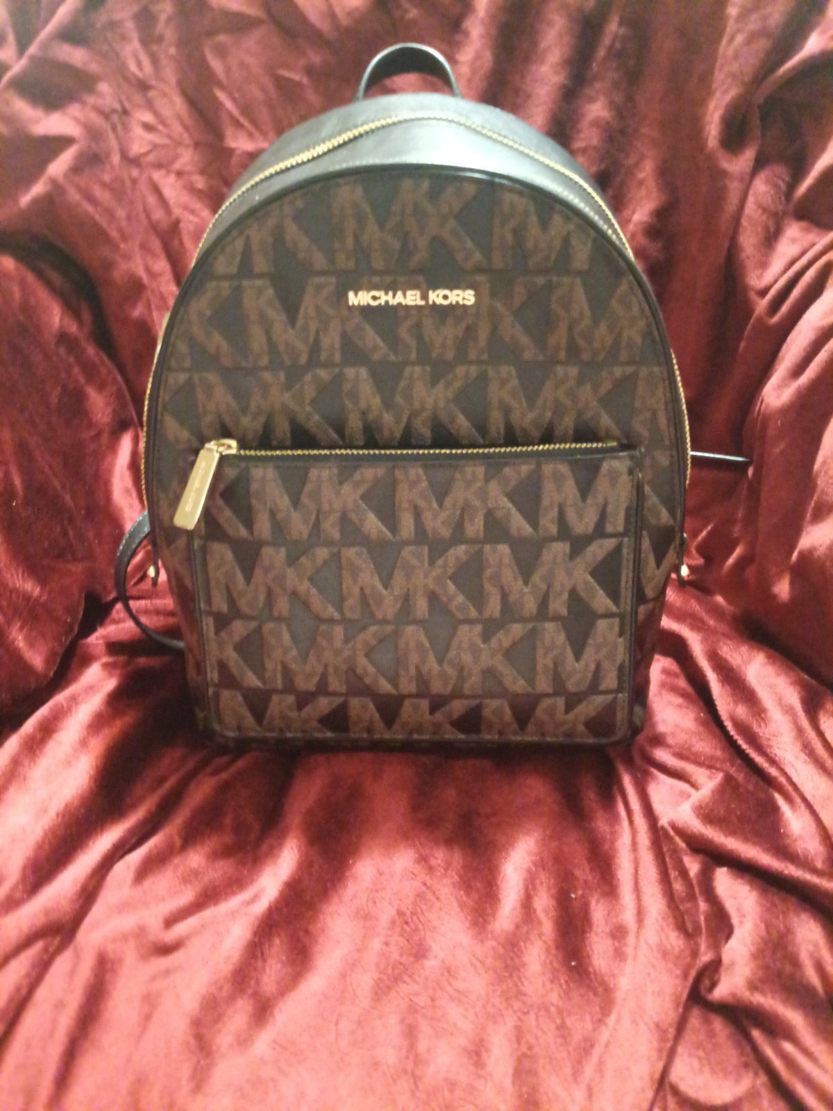 Michael Kors Monogram Small Backpack Brown/Black Gold Hardware Zip Closure