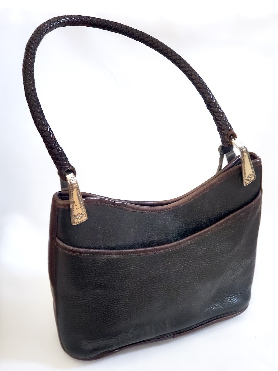 Brighton Collection Black Brown Leather Moc Croc Shoulder Bag Purse Woven Strap