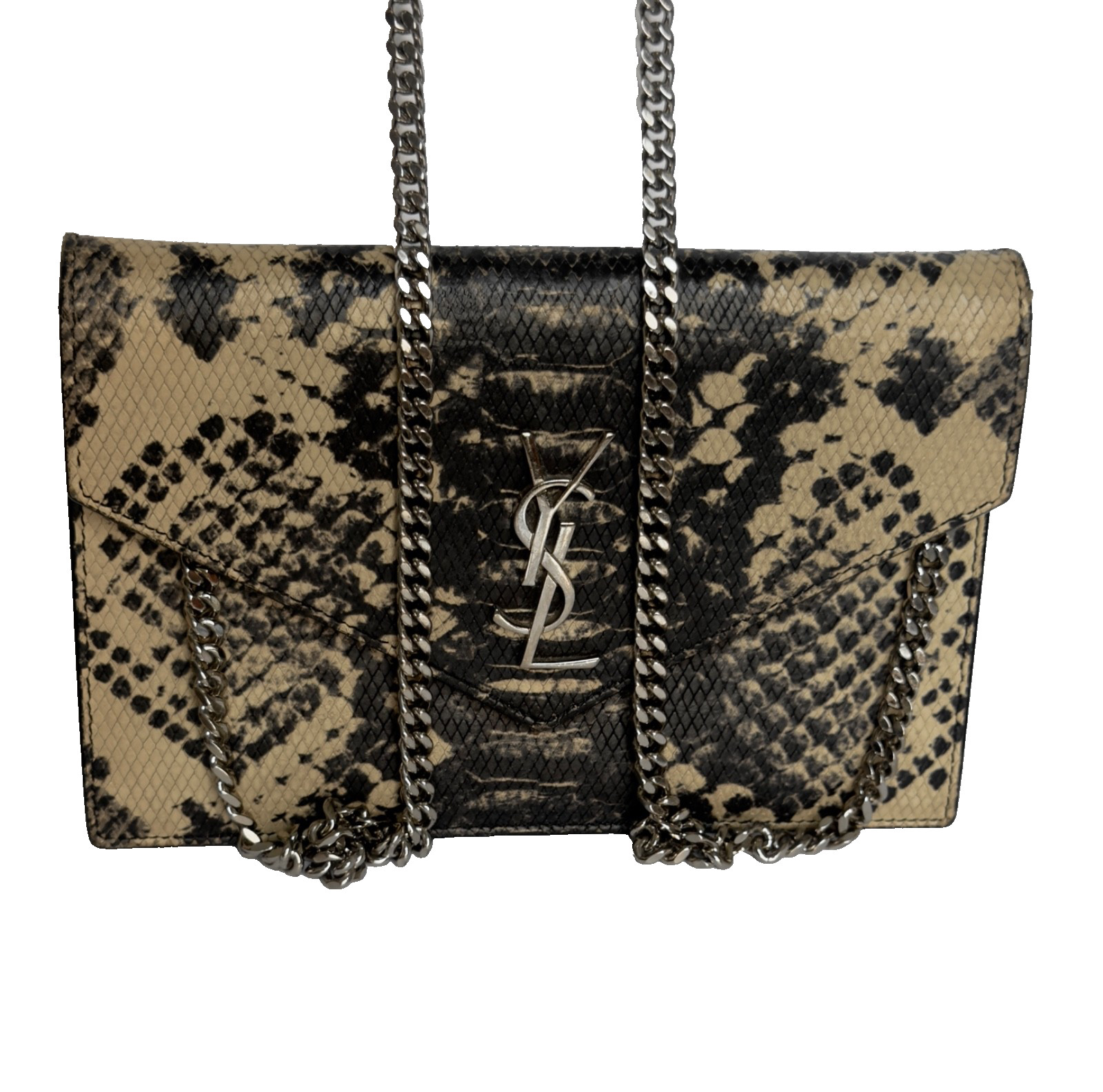 Saint Laurent Monogram WalletonChain, Embossed Python on Leather Black/White/Tan