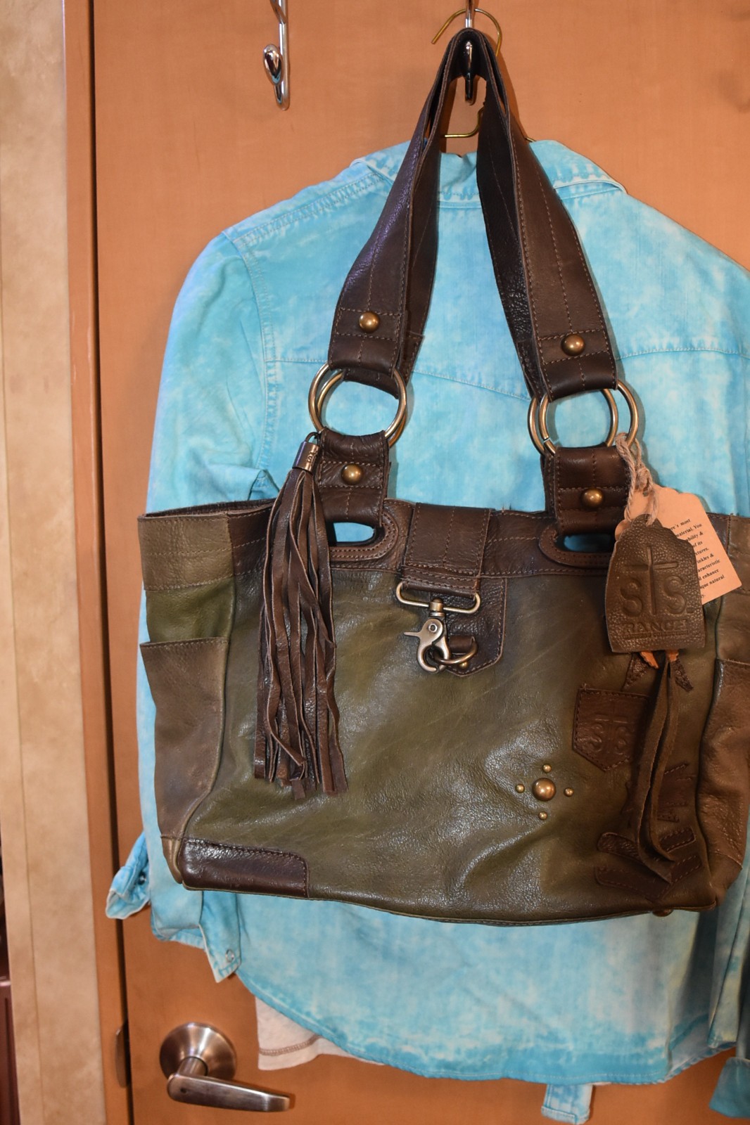 STS Ranchwear Large Green and Brown Leather Tote/Purse – New with Tags