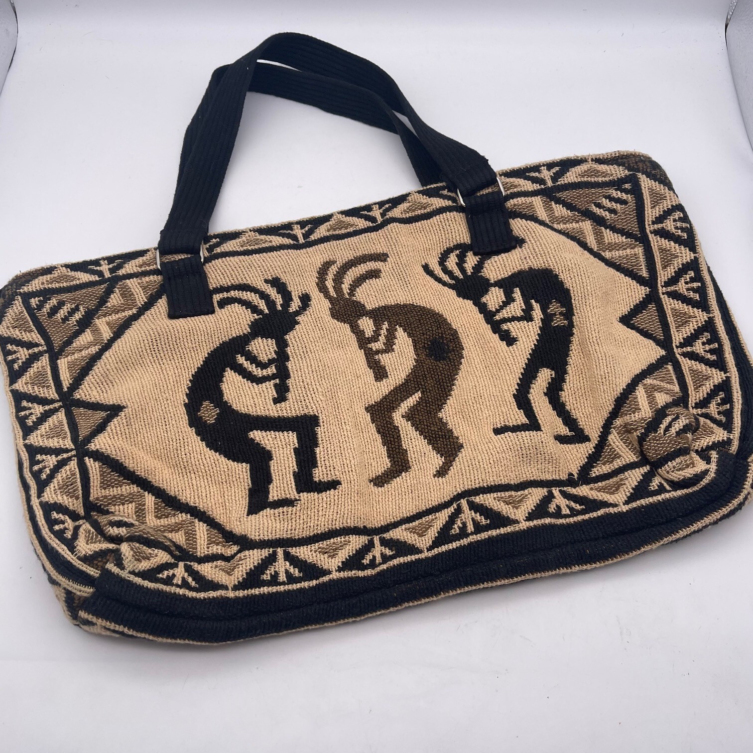 El Paso Saddle Blanket Co. Kokopeli Southwestern Tapestry Tote Bag Black Brown