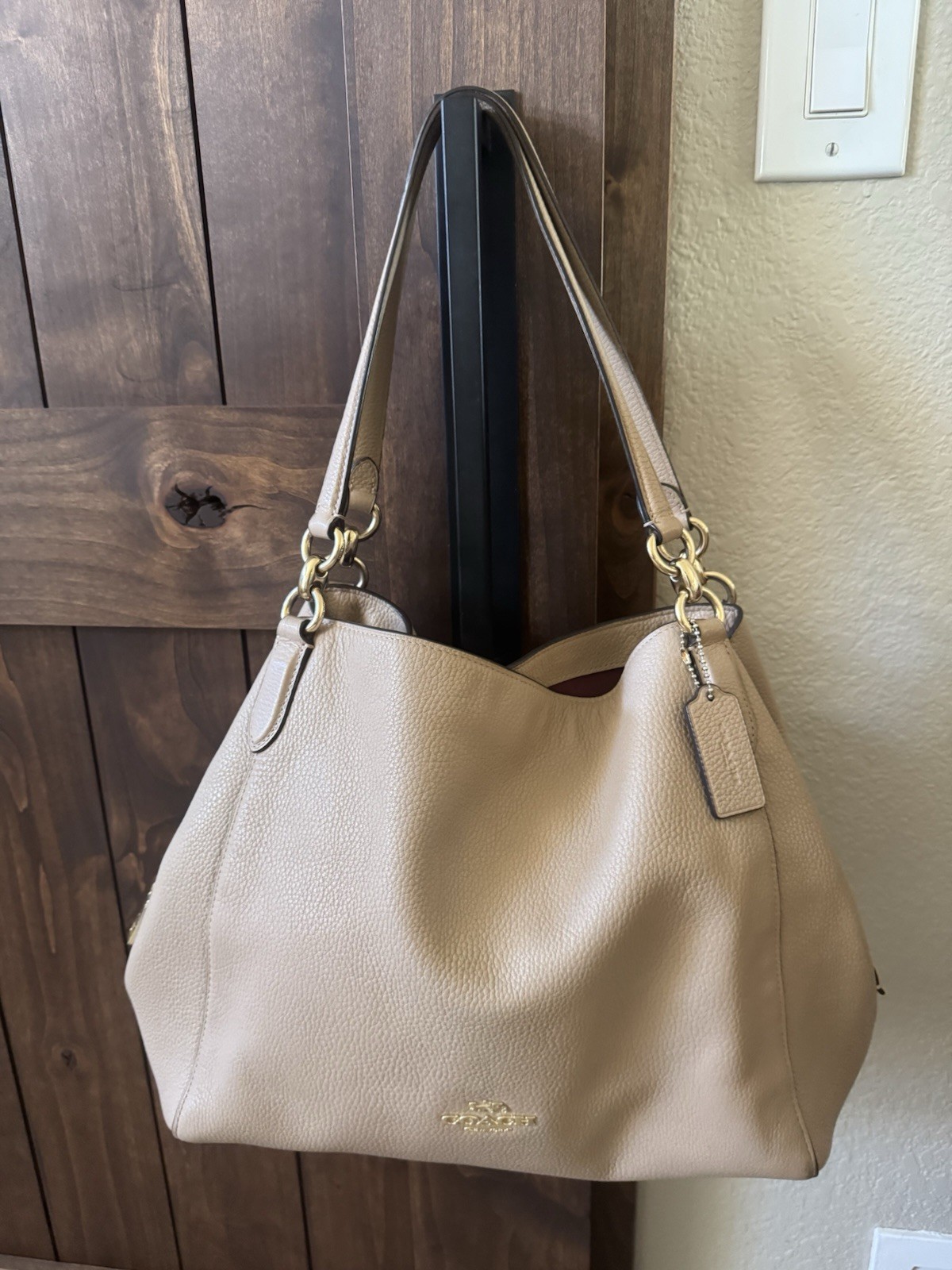 Coach Hallie 3 compartment shoulder bag taupe with burgundy color interior 80268