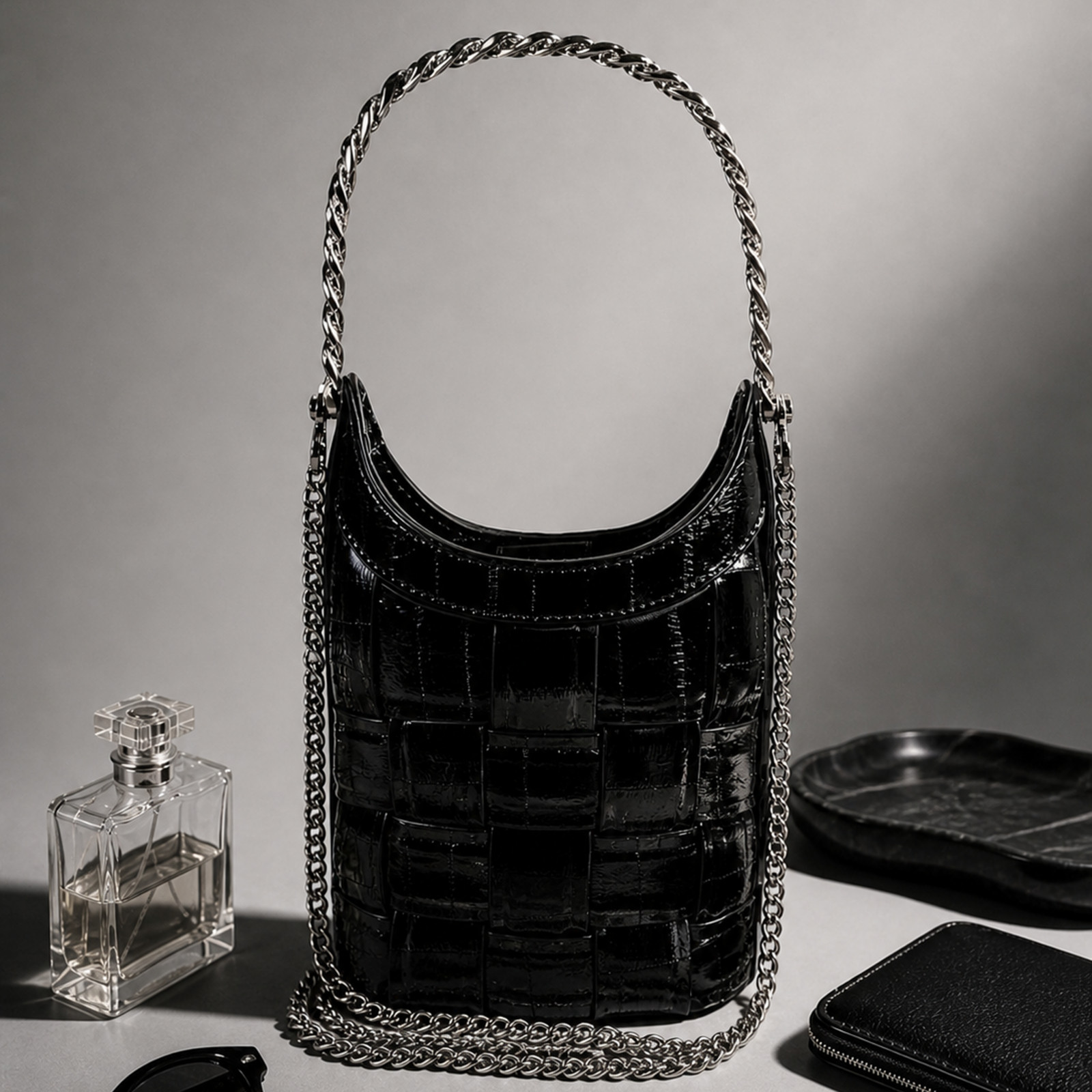 Woven Mini Handbag with Chain Strap Crossbody Purse for Evening, Vegan Leather
