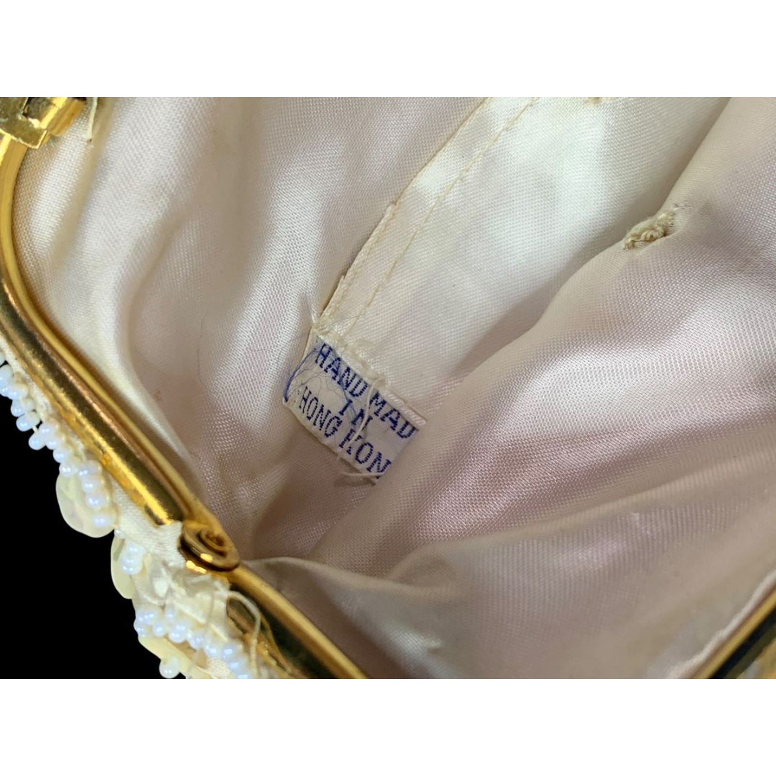 Vintage Ivory Beaded Hinged Evening Bag Clasp Sequins Hong Kong